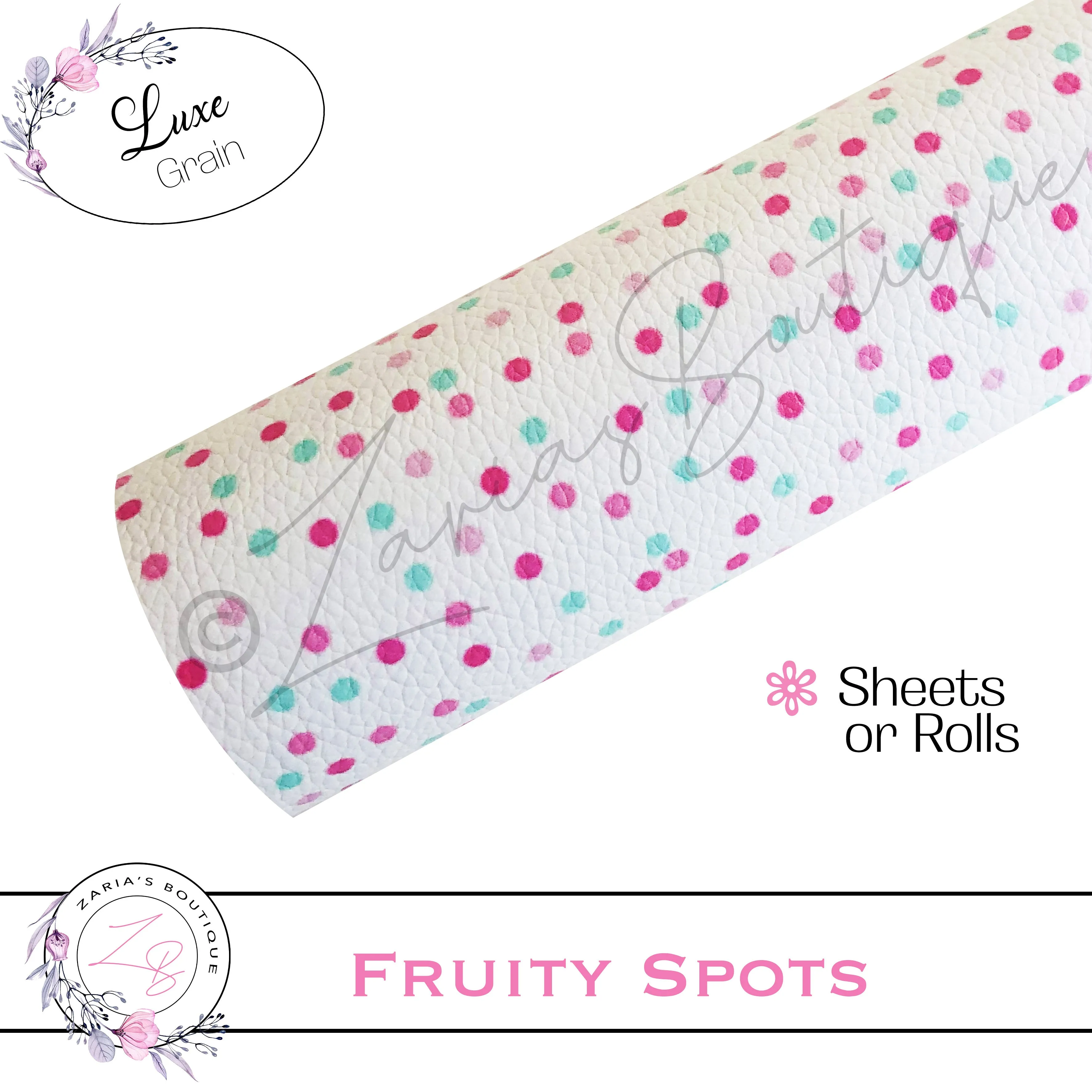 ⋅ Juicy Fruit ⋅ Polka Dots ⋅ Vegan Faux Leather ⋅ Single Sheets Or Rolls! ⋅