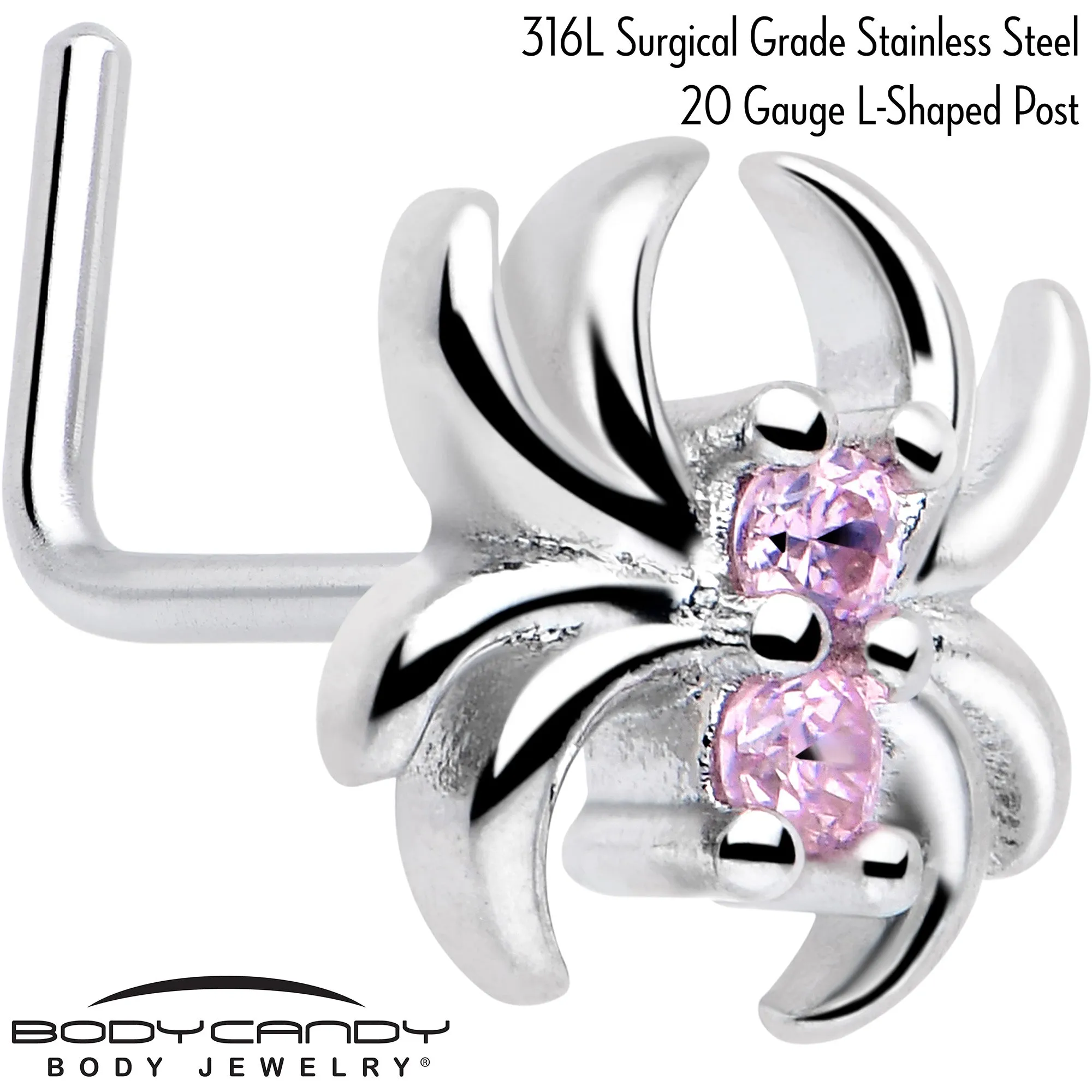 20 Gauge 7mm Pink CZ Gem Sleek Spider L Shape Nose Ring