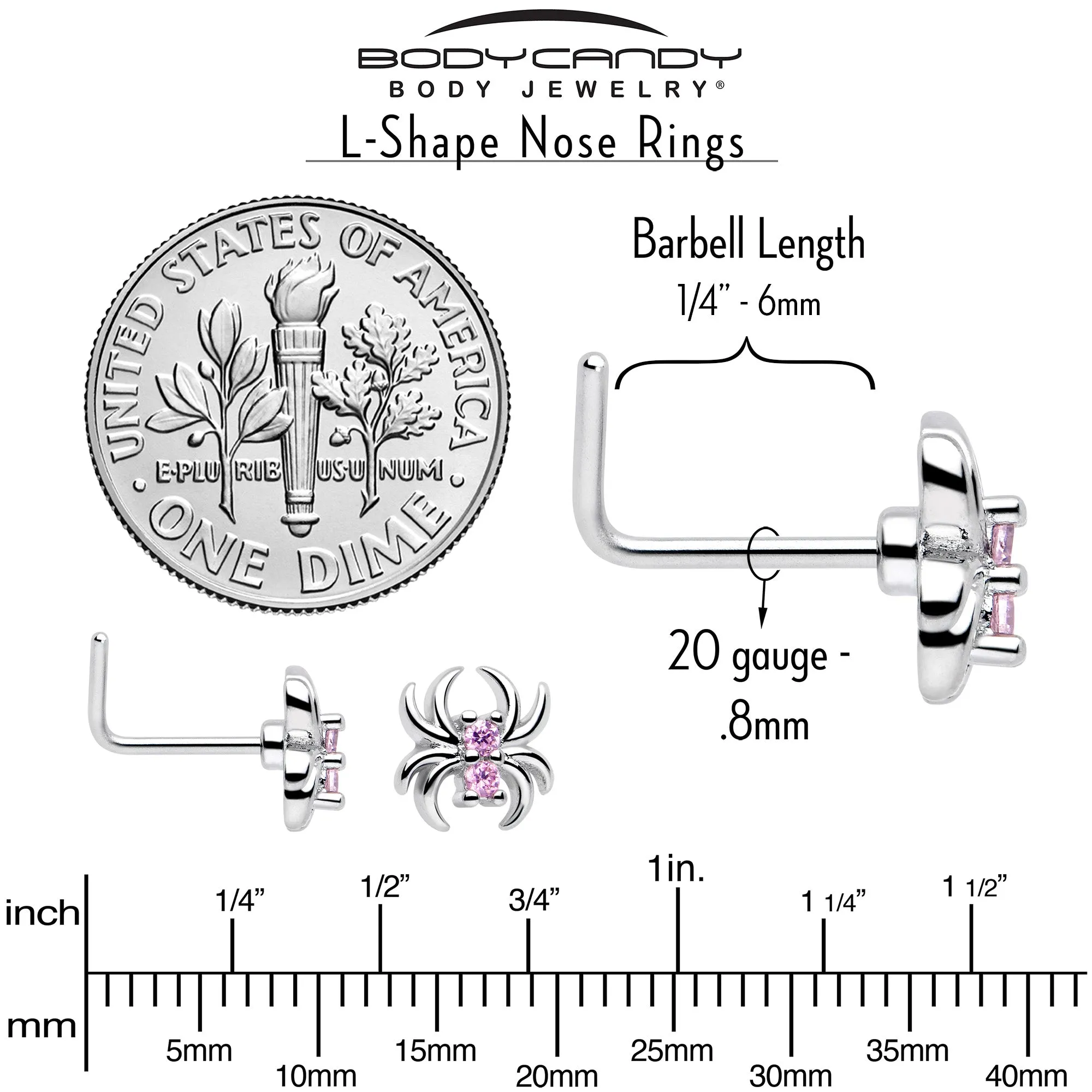 20 Gauge 7mm Pink CZ Gem Sleek Spider L Shape Nose Ring