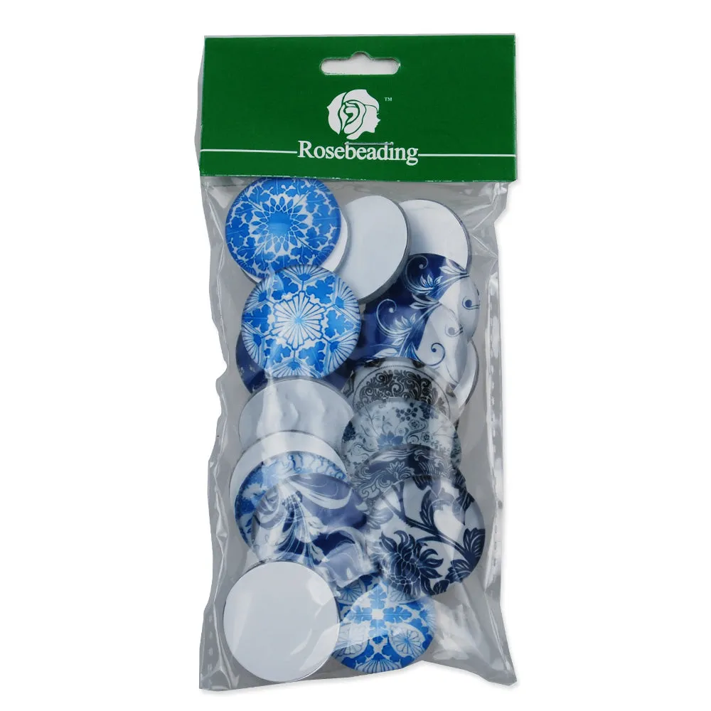 30MM Round Colorful glass cabochons,Mix china Blue and white porcelain pattern glass cabochons,flat back,thickness 7mm,20 pieces/lot