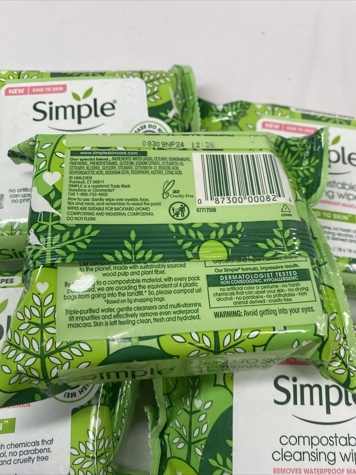 (4) Simple Compostable Kind Cleansing 25 Wipes Removes Waterproof Mascara 100ttl