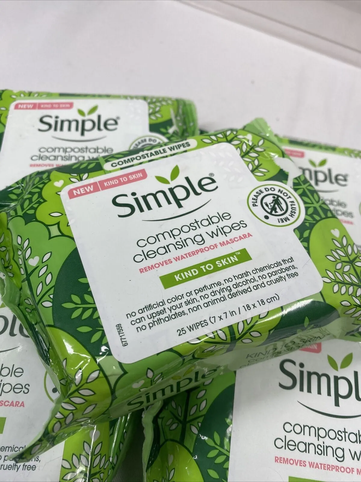 (4) Simple Compostable Kind Cleansing 25 Wipes Removes Waterproof Mascara 100ttl
