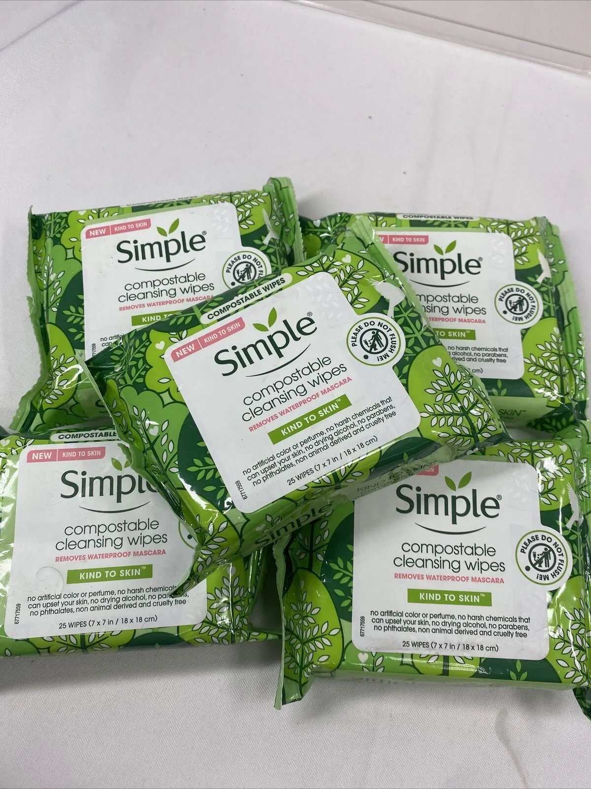 (4) Simple Compostable Kind Cleansing 25 Wipes Removes Waterproof Mascara 100ttl