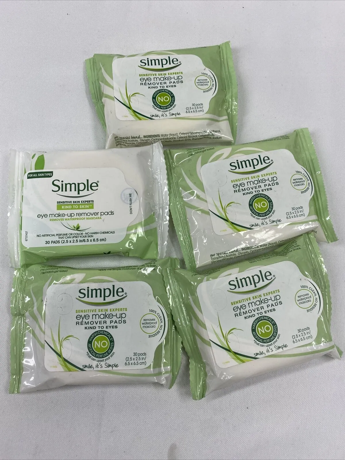 (5) Simple Eye Make-Up Remover Eye Pads 30 Wipes Ea