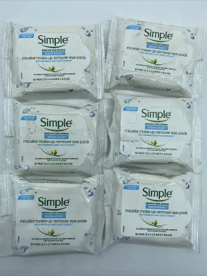 (6) Simple Water Boost Micellar Make-Up Remover Eye Pads 30 Wipes Ea Bulk Lot