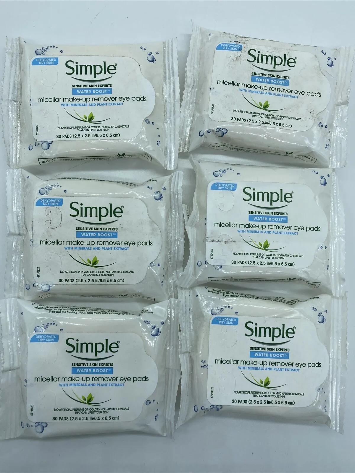 (6) Simple Water Boost Micellar Make-Up Remover Eye Pads 30 Wipes Ea Bulk Lot