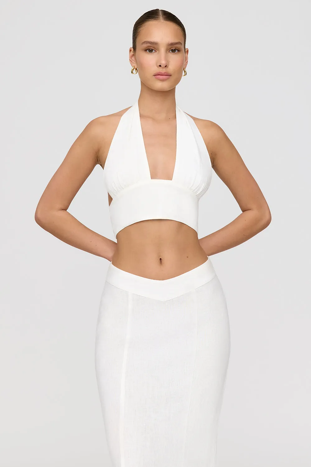 ALGARVE LINEN BLEND MULTIWAY HALTER CROP TOP - COCONUT MILK