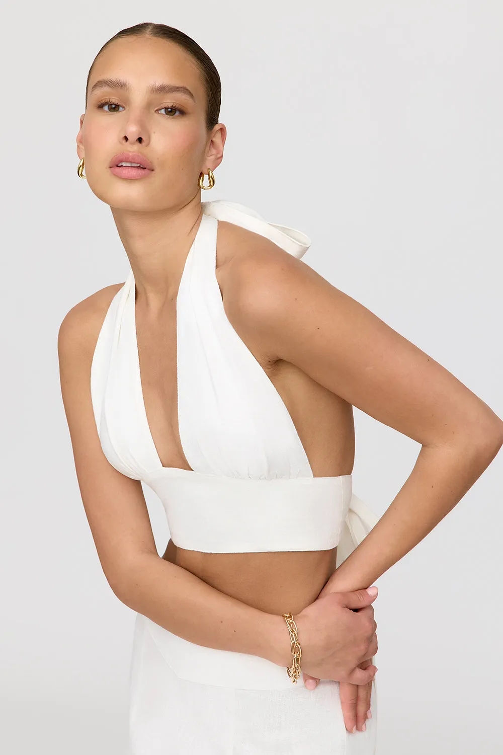 ALGARVE LINEN BLEND MULTIWAY HALTER CROP TOP - COCONUT MILK