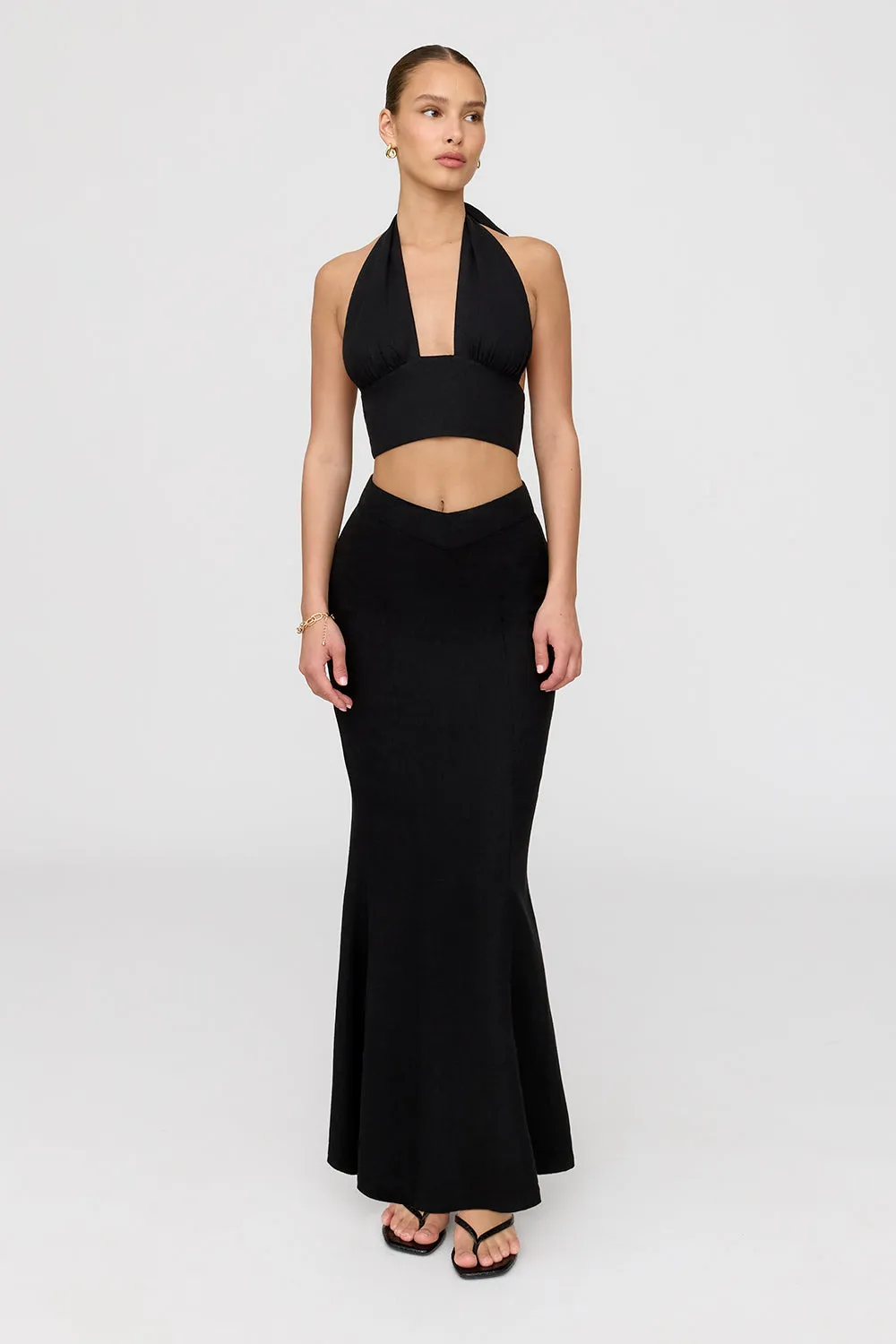 ALGARVE LINEN BLEND MULTIWAY HALTER CROP TOP - SHADOW BLACK
