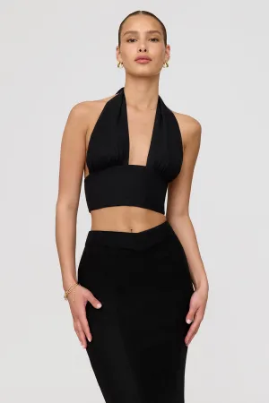 ALGARVE LINEN BLEND MULTIWAY HALTER CROP TOP - SHADOW BLACK