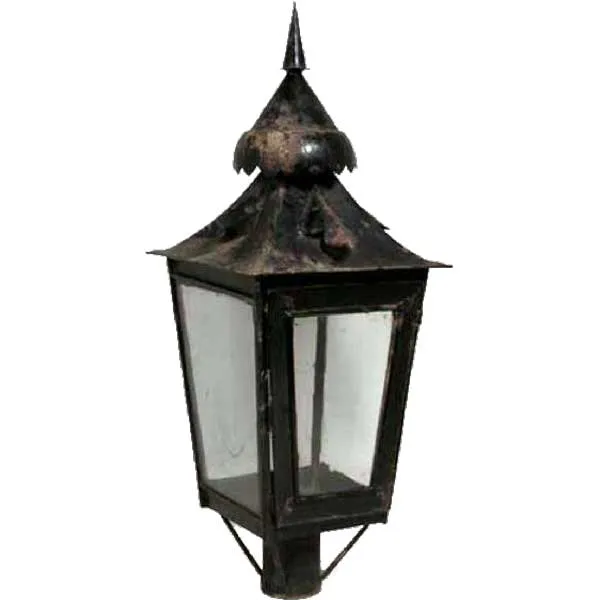 Anglo Indian Black Toleware and Glass Post Lantern on Teak Base