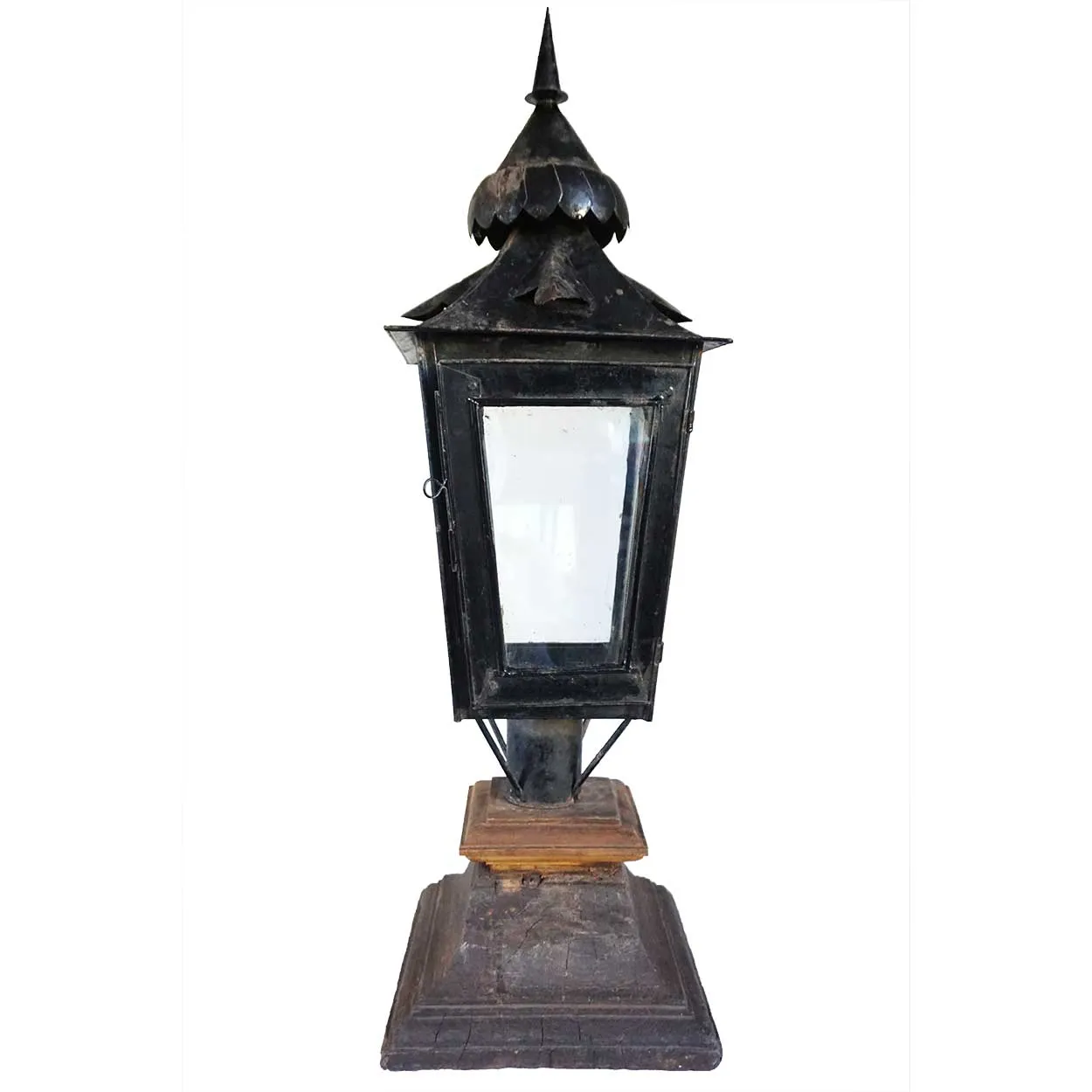Anglo Indian Black Toleware and Glass Post Lantern on Teak Base