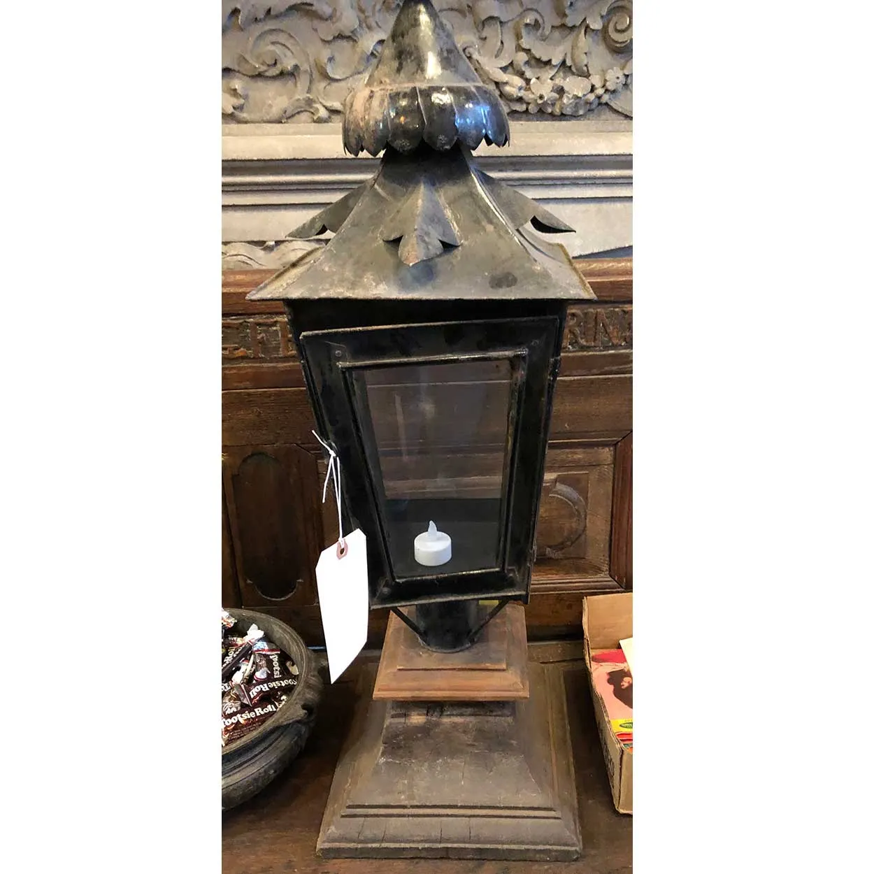 Anglo Indian Black Toleware and Glass Post Lantern on Teak Base