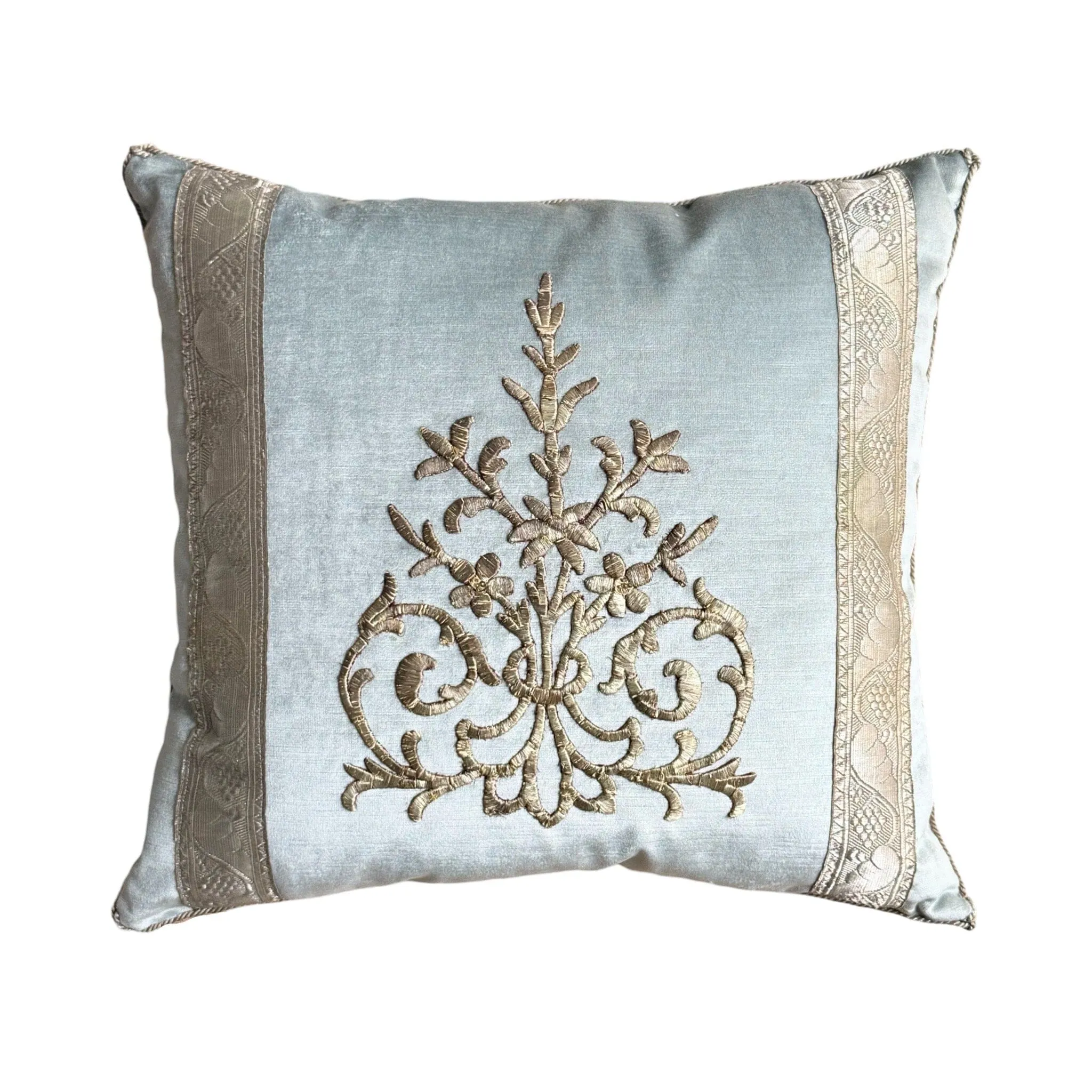 Antique Ottoman Empire Silver Embroidery on Icy Blue Velvet (#E091224A&B | 21 x 22")