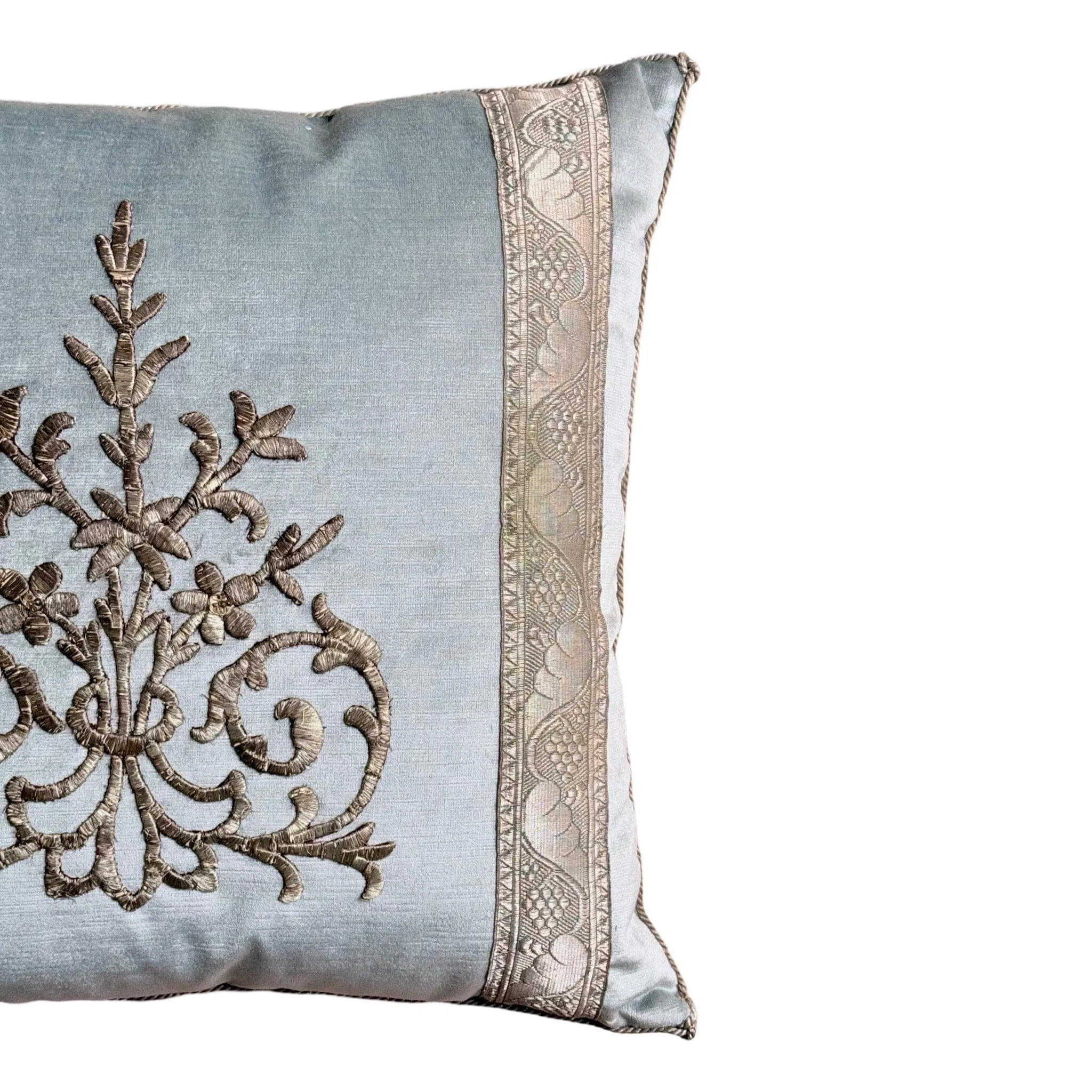 Antique Ottoman Empire Silver Embroidery on Icy Blue Velvet (#E091224A&B | 21 x 22")
