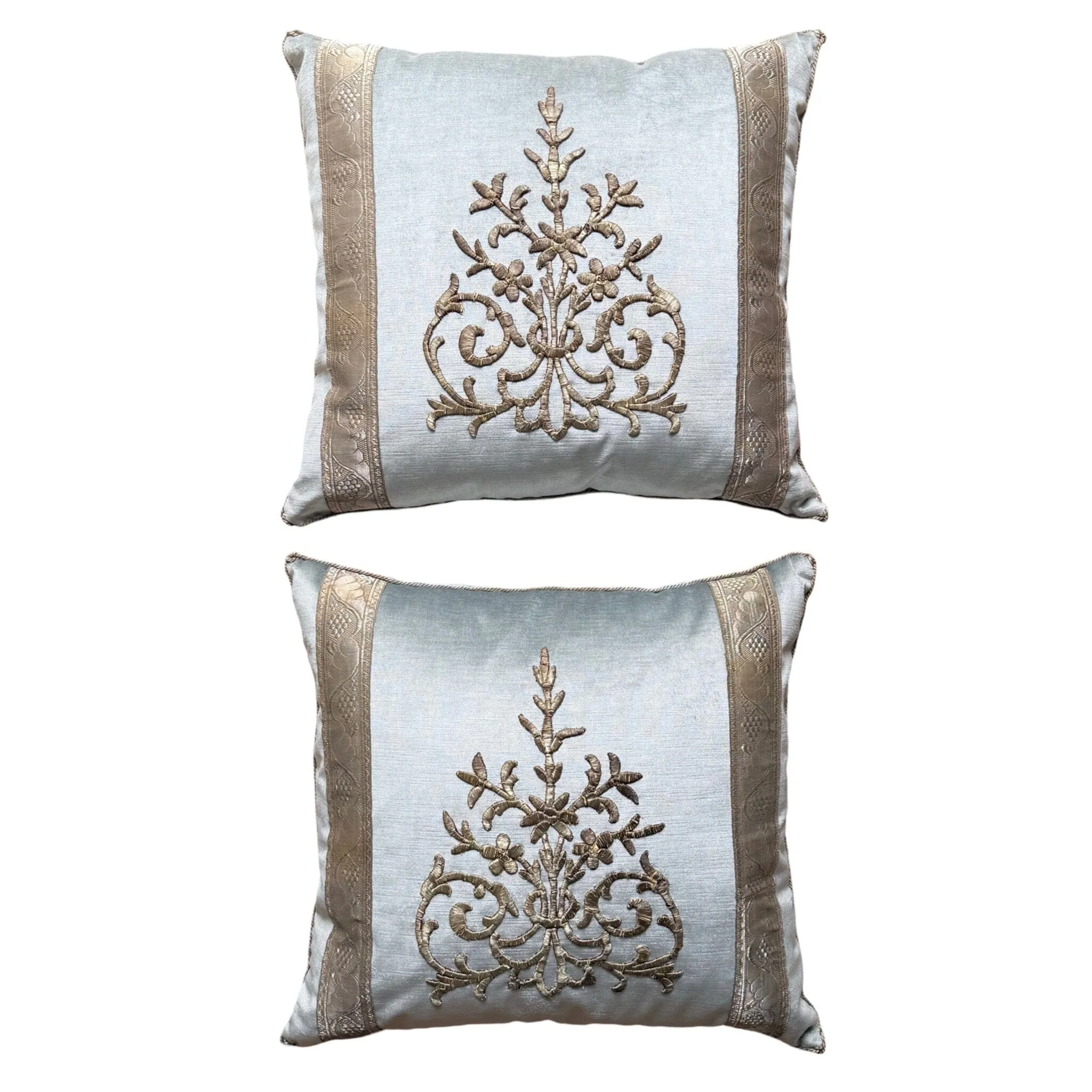 Antique Ottoman Empire Silver Embroidery on Icy Blue Velvet (#E091224A&B | 21 x 22")