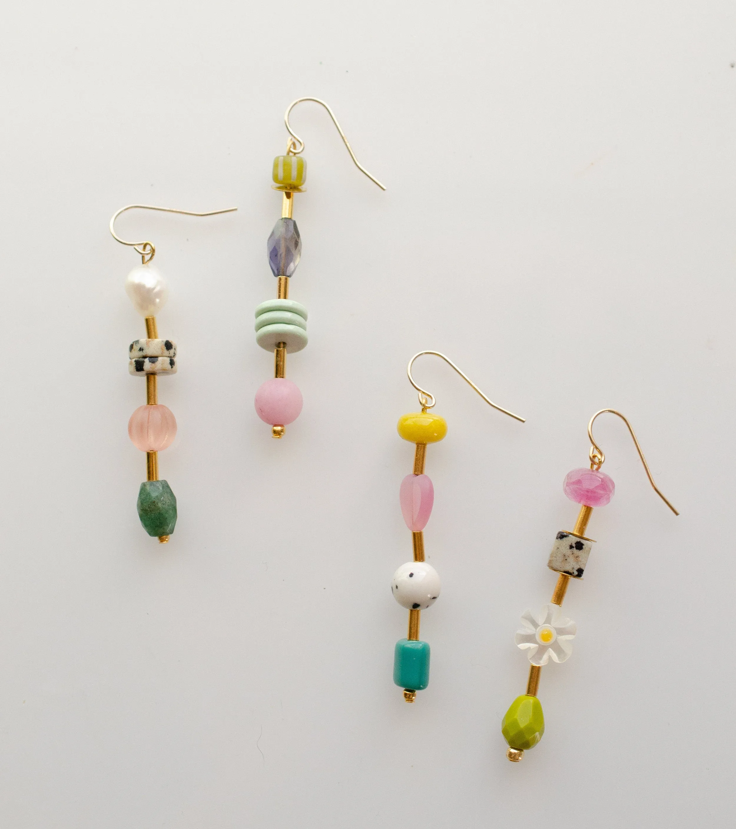 Beaded mis match earrings, mix and match earrings, colorful dangle earrings, gemstone earrings, flower earrings, gold filled earrings