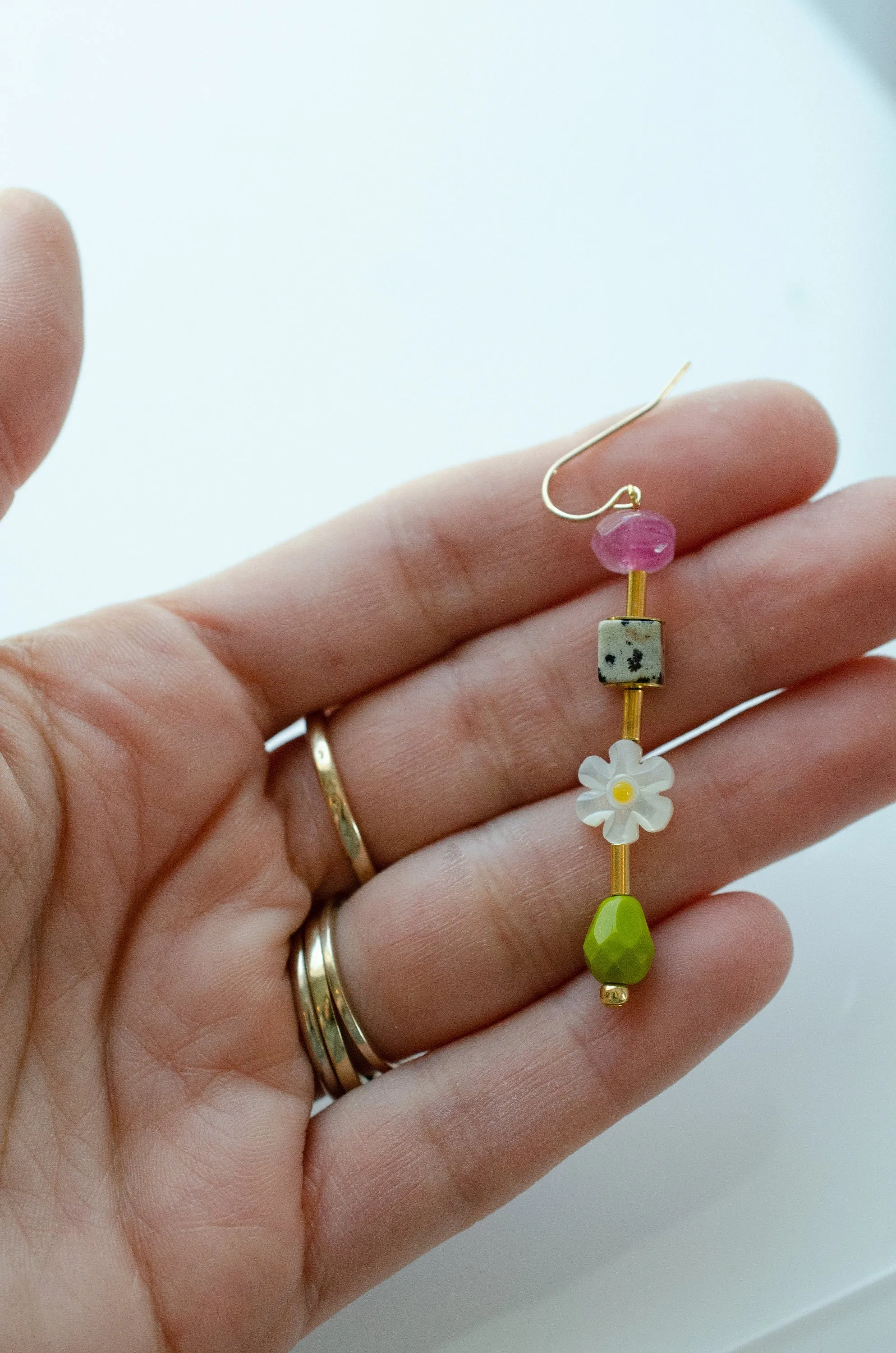 Beaded mis match earrings, mix and match earrings, colorful dangle earrings, gemstone earrings, flower earrings, gold filled earrings