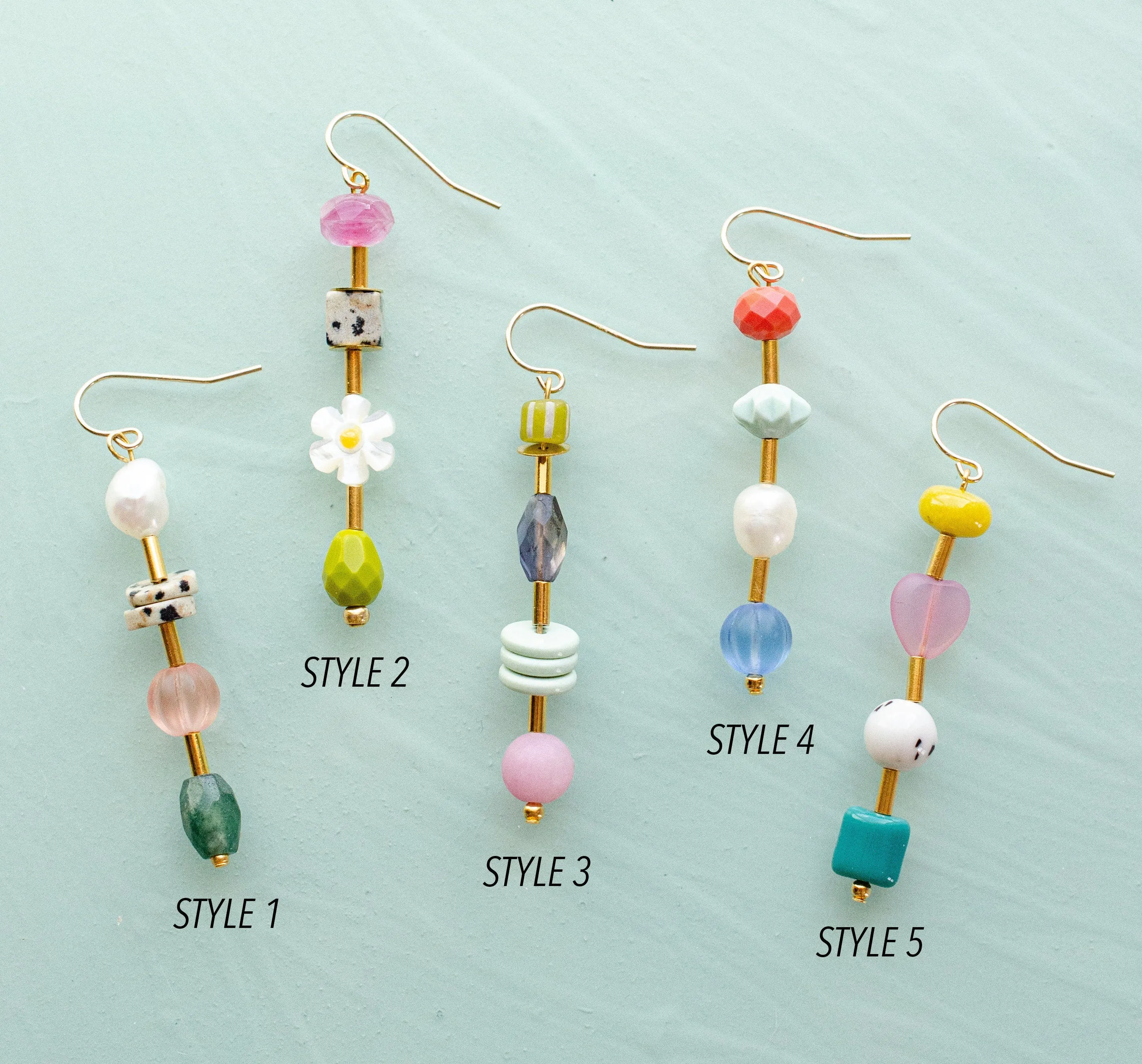 Beaded mis match earrings, mix and match earrings, colorful dangle earrings, gemstone earrings, flower earrings, gold filled earrings