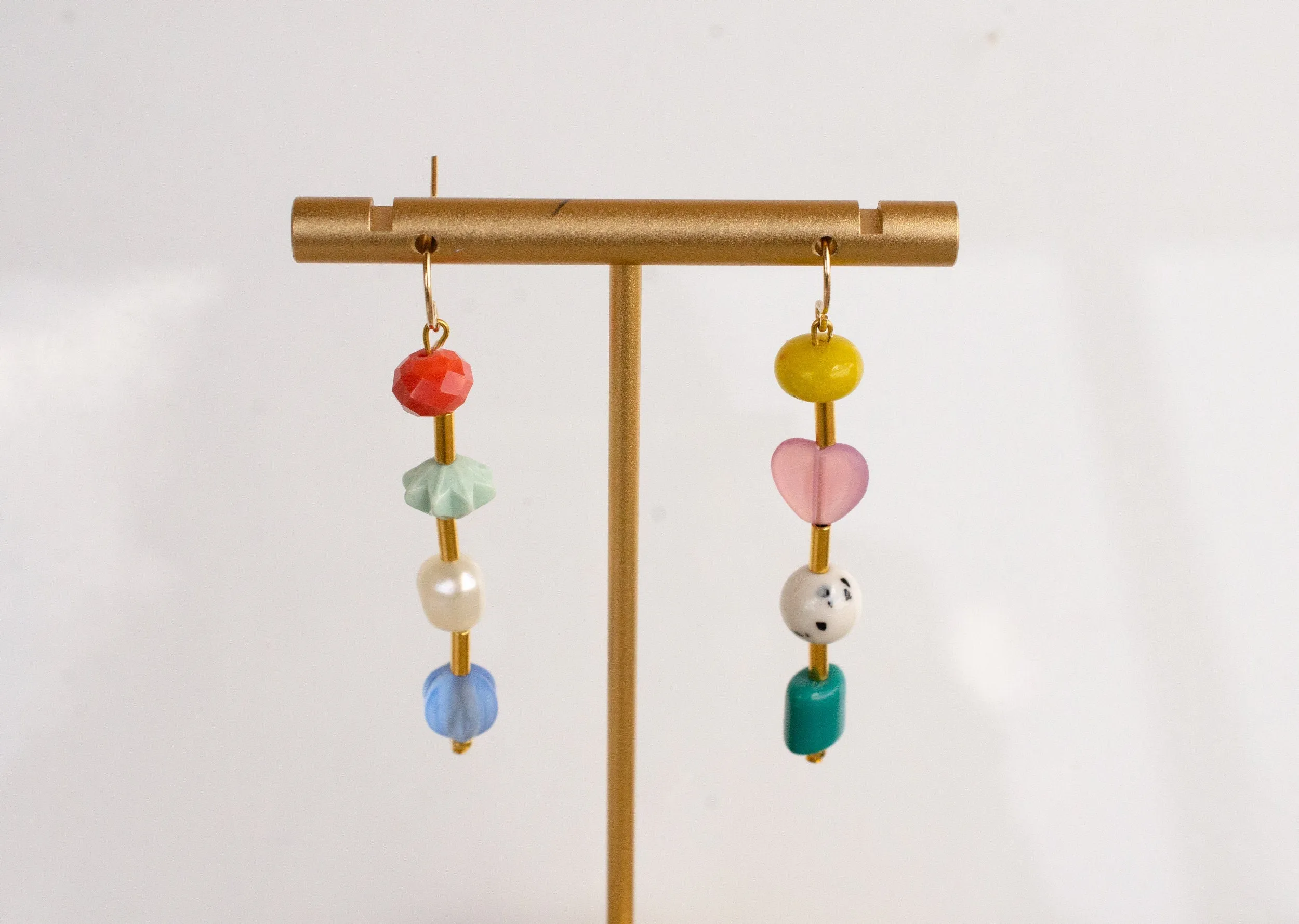 Beaded mis match earrings, mix and match earrings, colorful dangle earrings, gemstone earrings, flower earrings, gold filled earrings