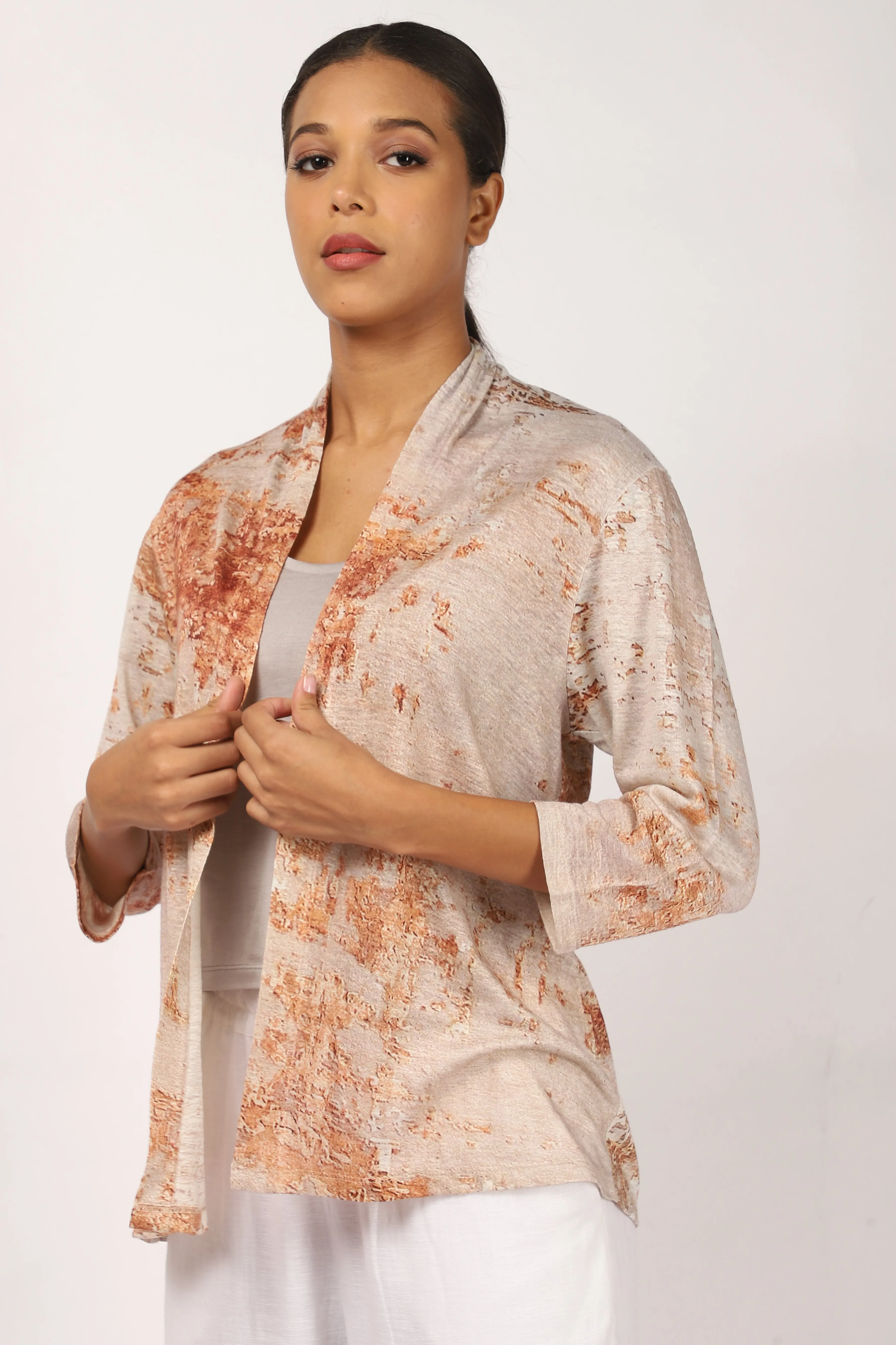 Beige Abstract Linen Cardigan