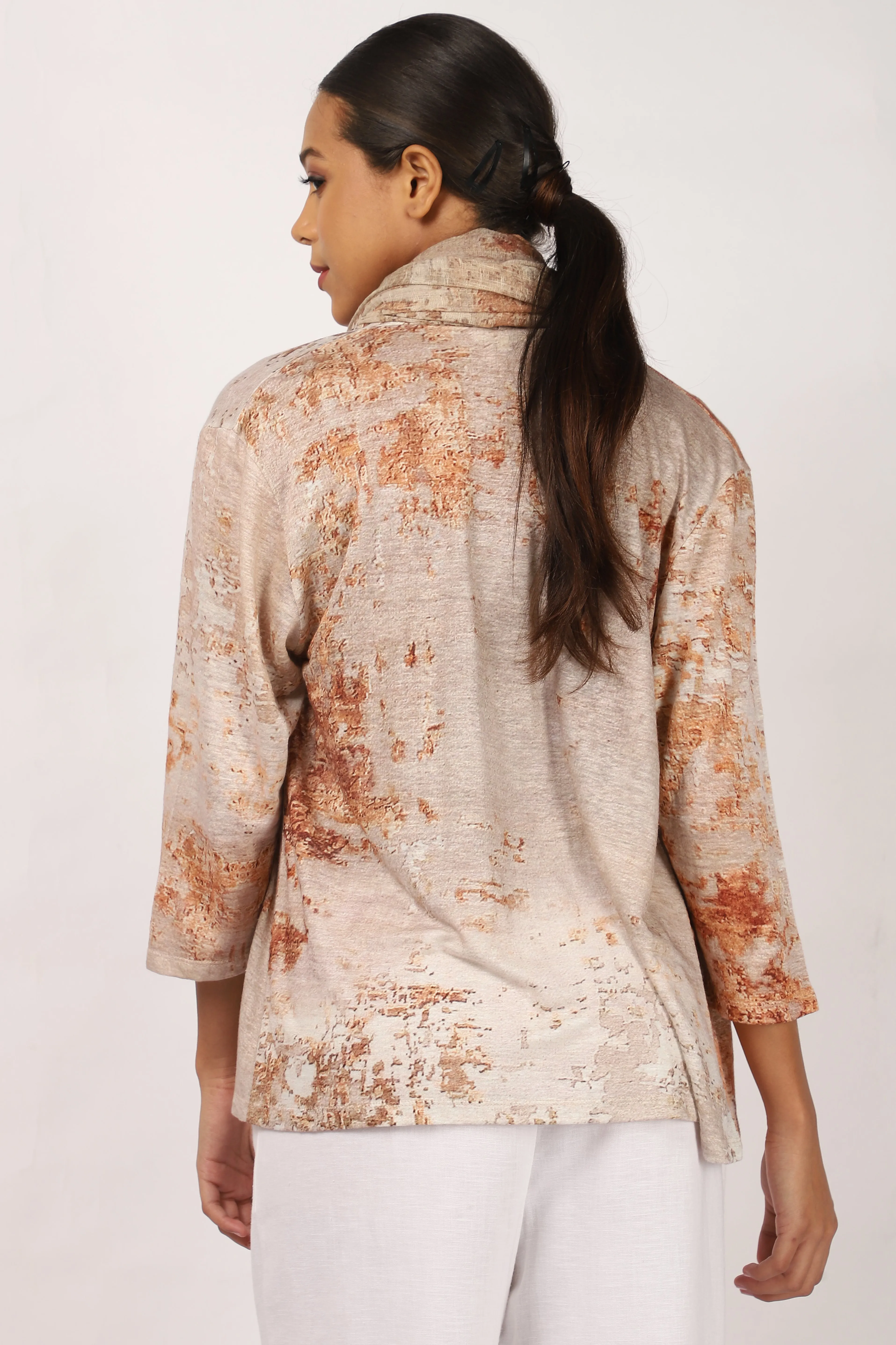 Beige Abstract Linen Cardigan