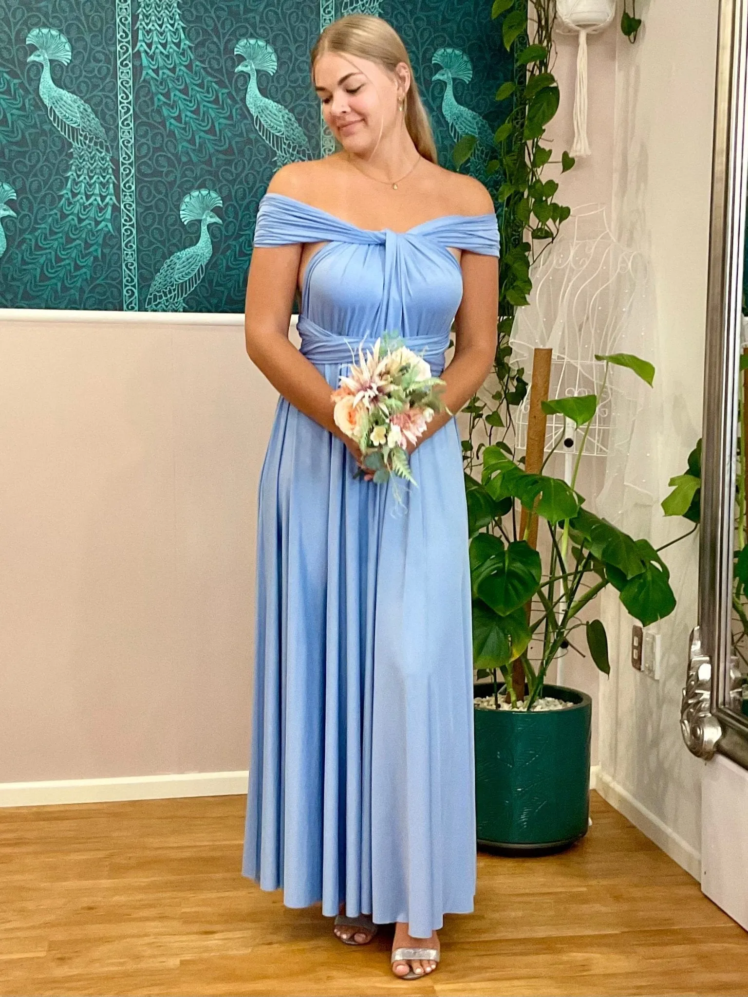 Belle Blue convertible Infinity bridesmaid dress with split Express NZ wide