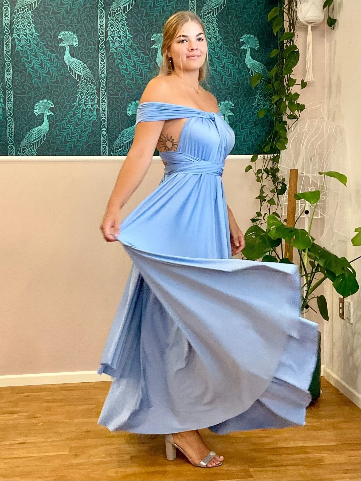 Belle Blue convertible Infinity bridesmaid dress with split Express NZ wide