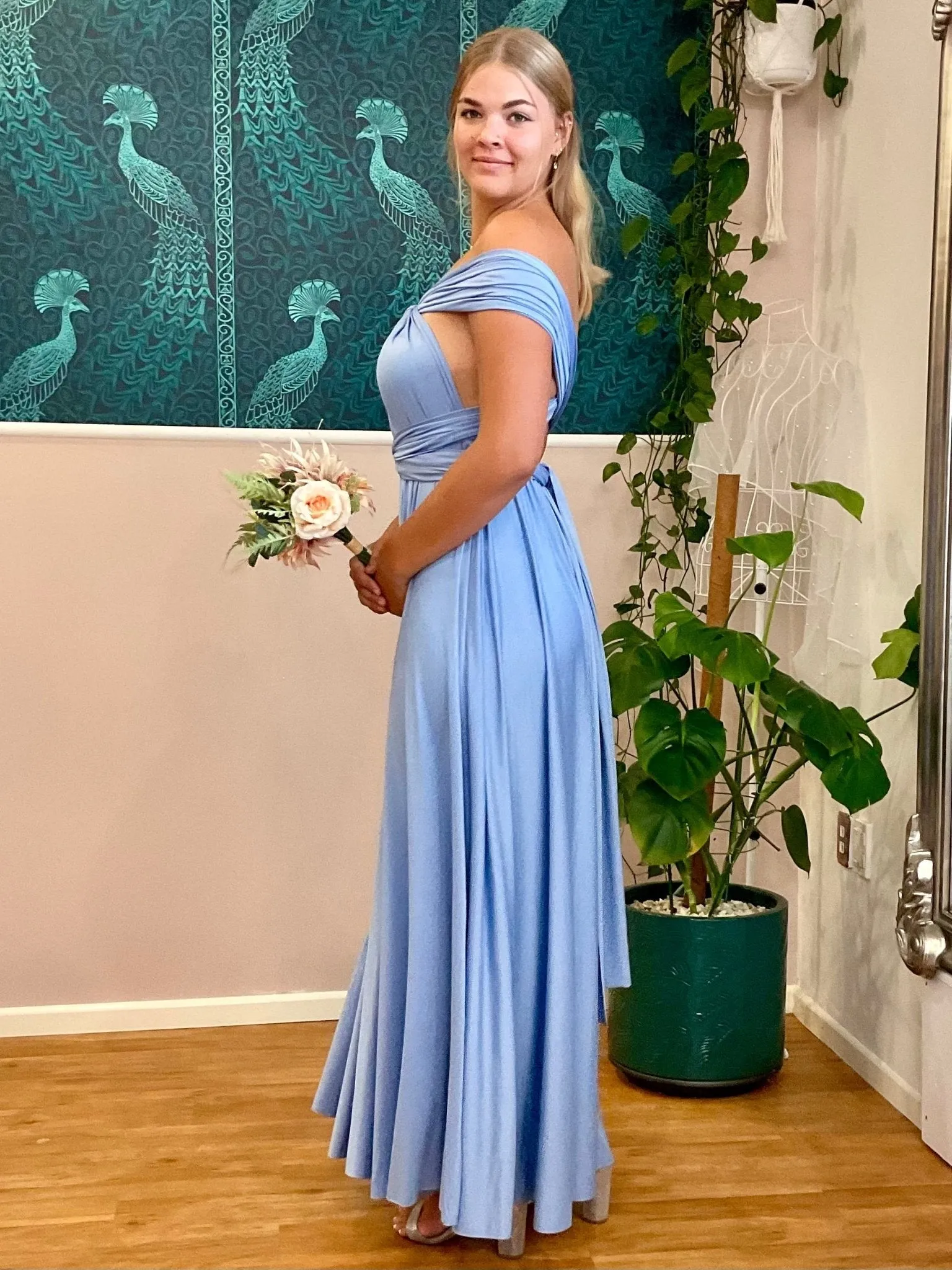 Belle Blue convertible Infinity bridesmaid dress with split Express NZ wide