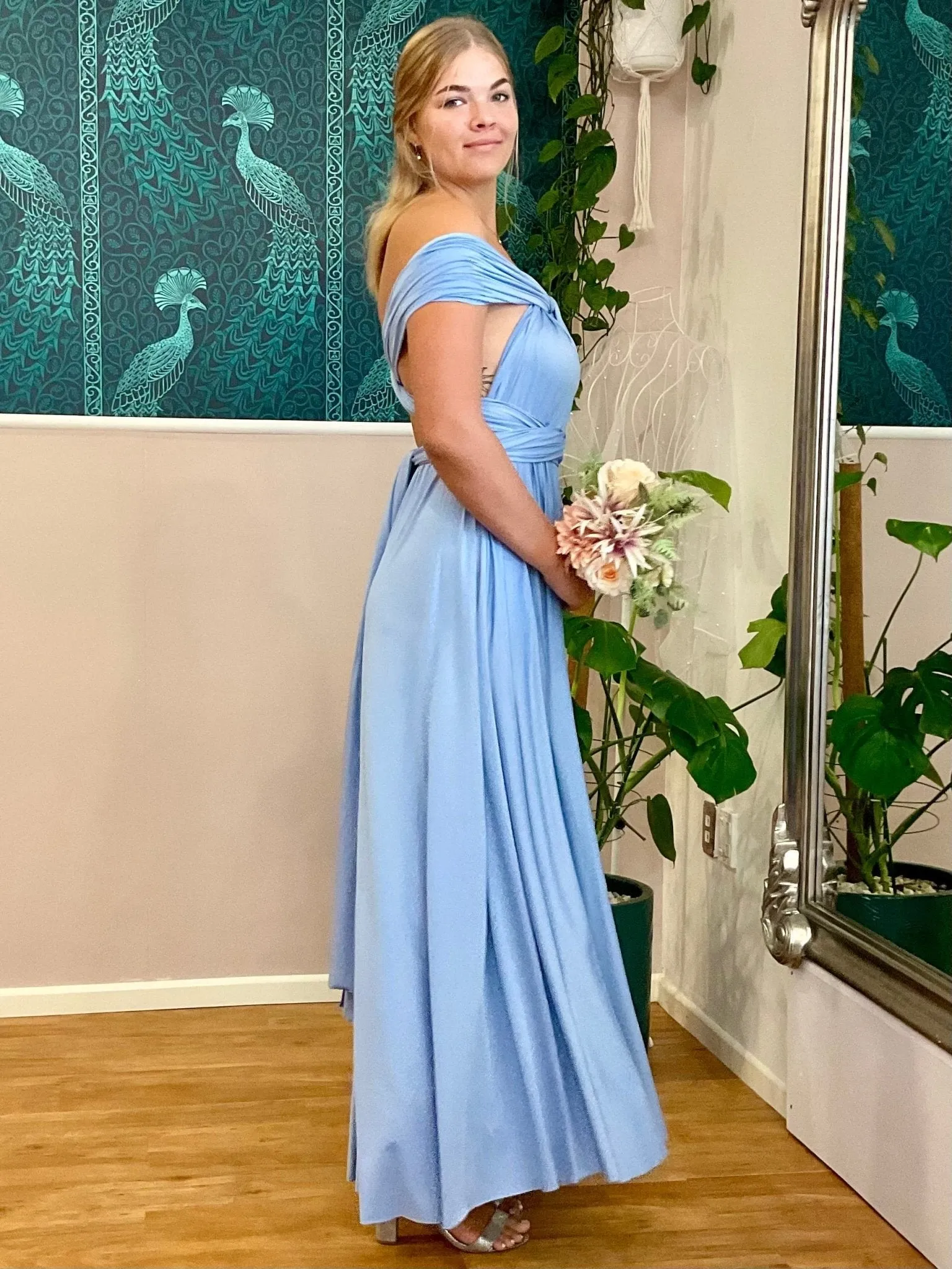 Belle Blue convertible Infinity bridesmaid dress with split Express NZ wide