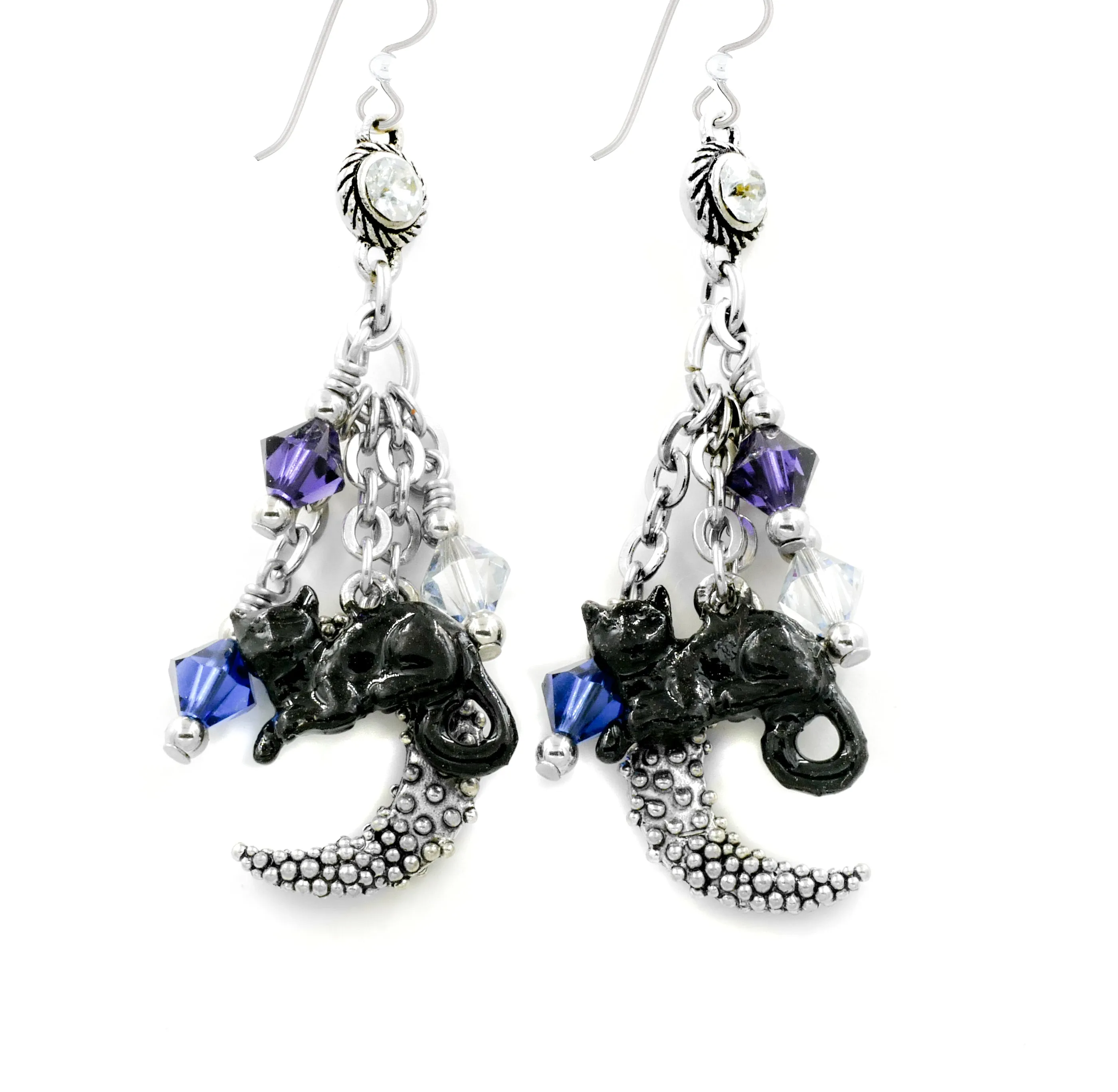 Black Cat Earrings in Crescent Moon