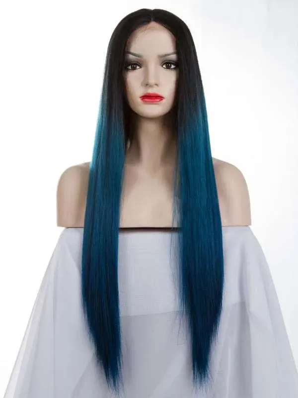 Black Ombre Blue Long Front Wig