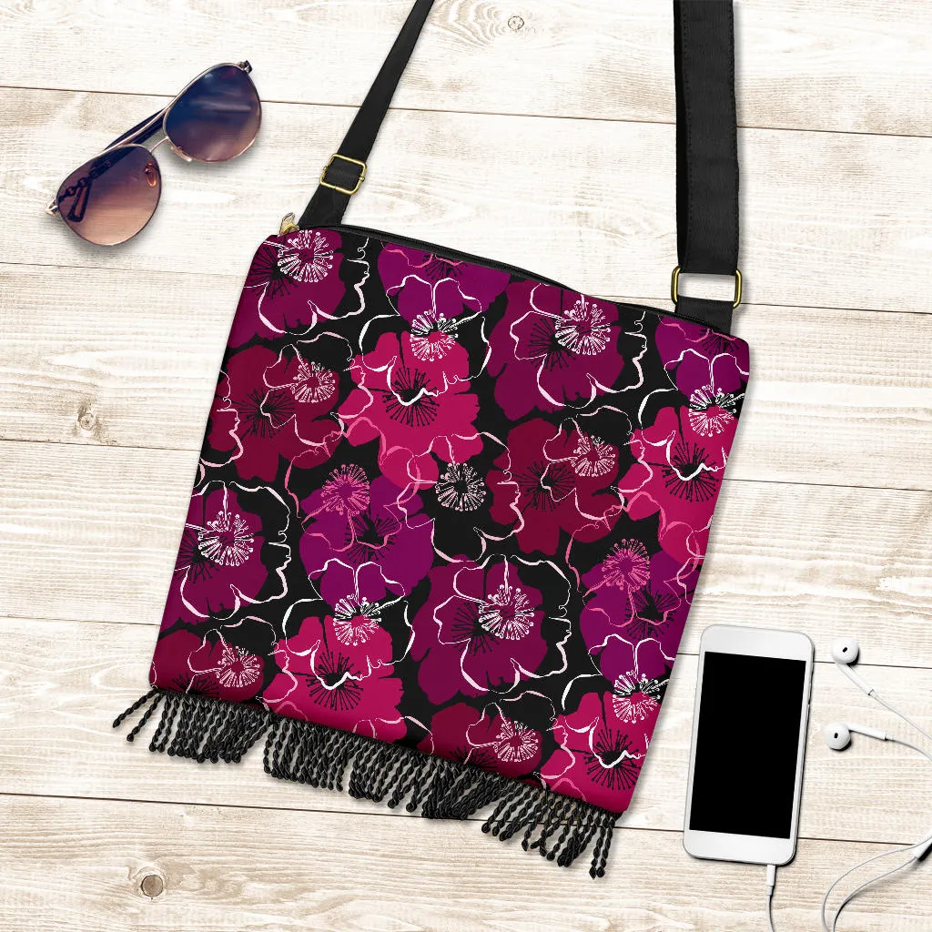 Black With Colorful Flowers Boho Bag With Fringe and Crossbody Strap