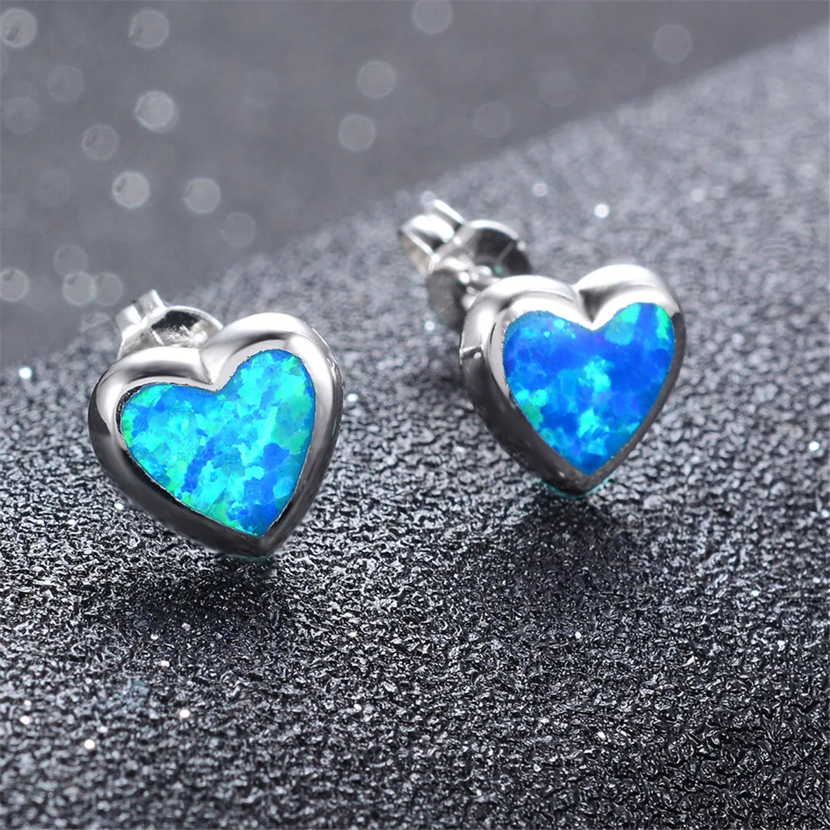 Blue Opal Bezel-Set Heart Stud Earrings