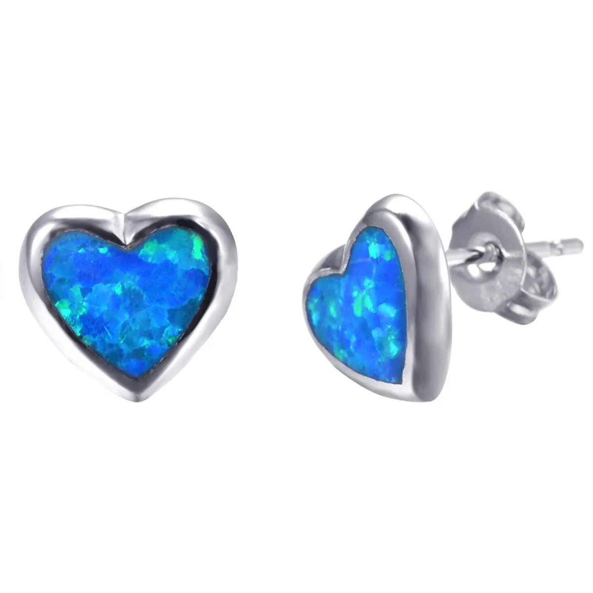 Blue Opal Bezel-Set Heart Stud Earrings