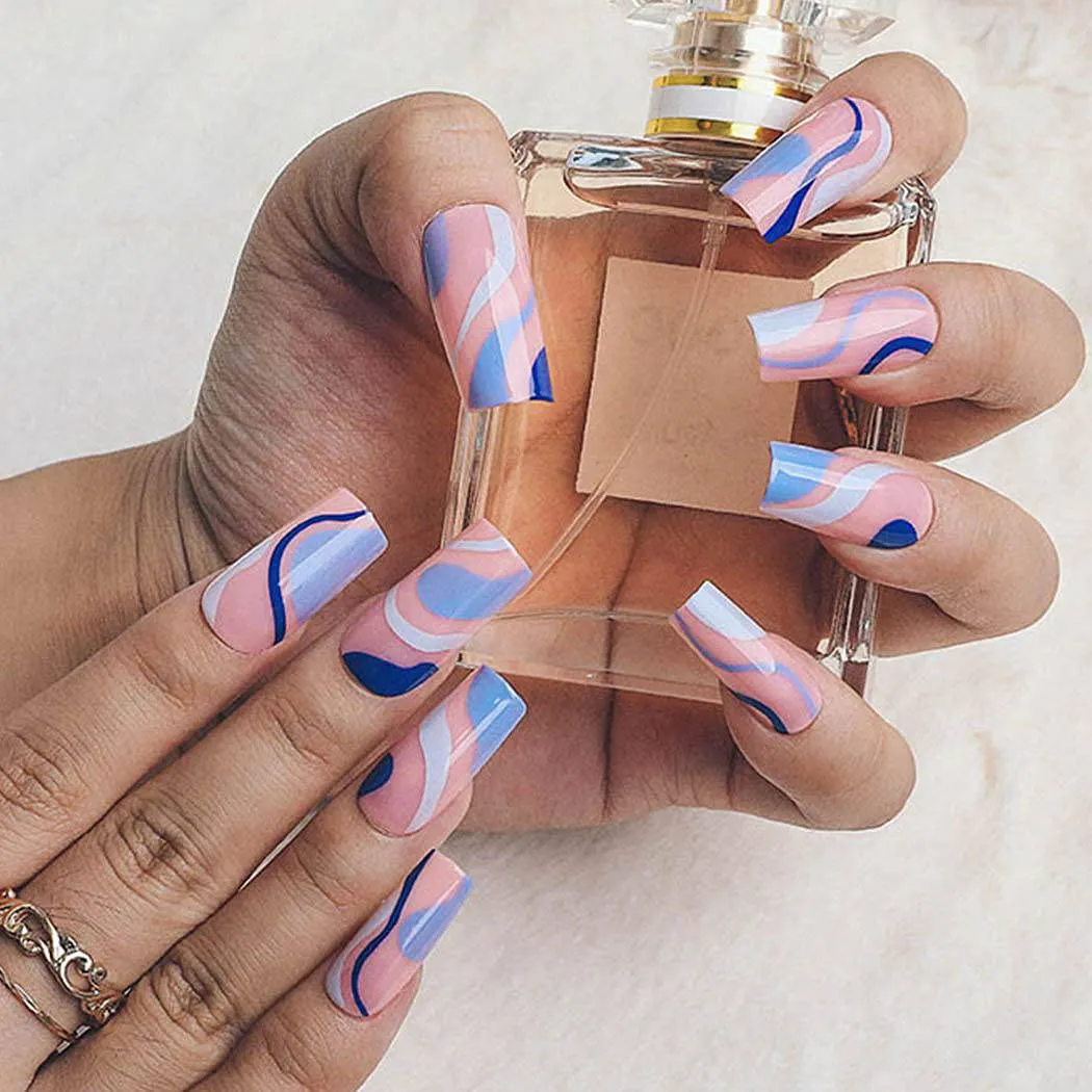 Blue Swirl Coffin Press On Nails Kit