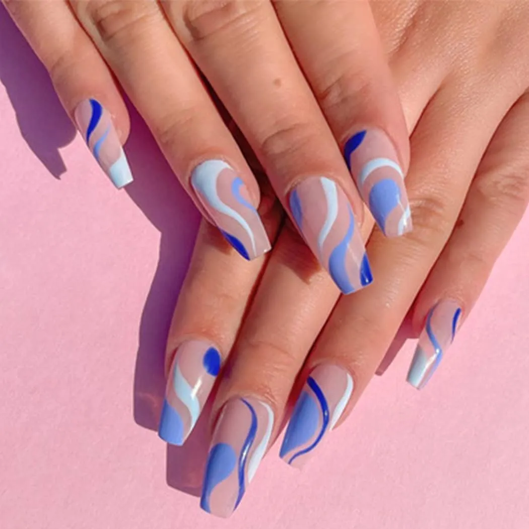 Blue Swirl Coffin Press On Nails Kit