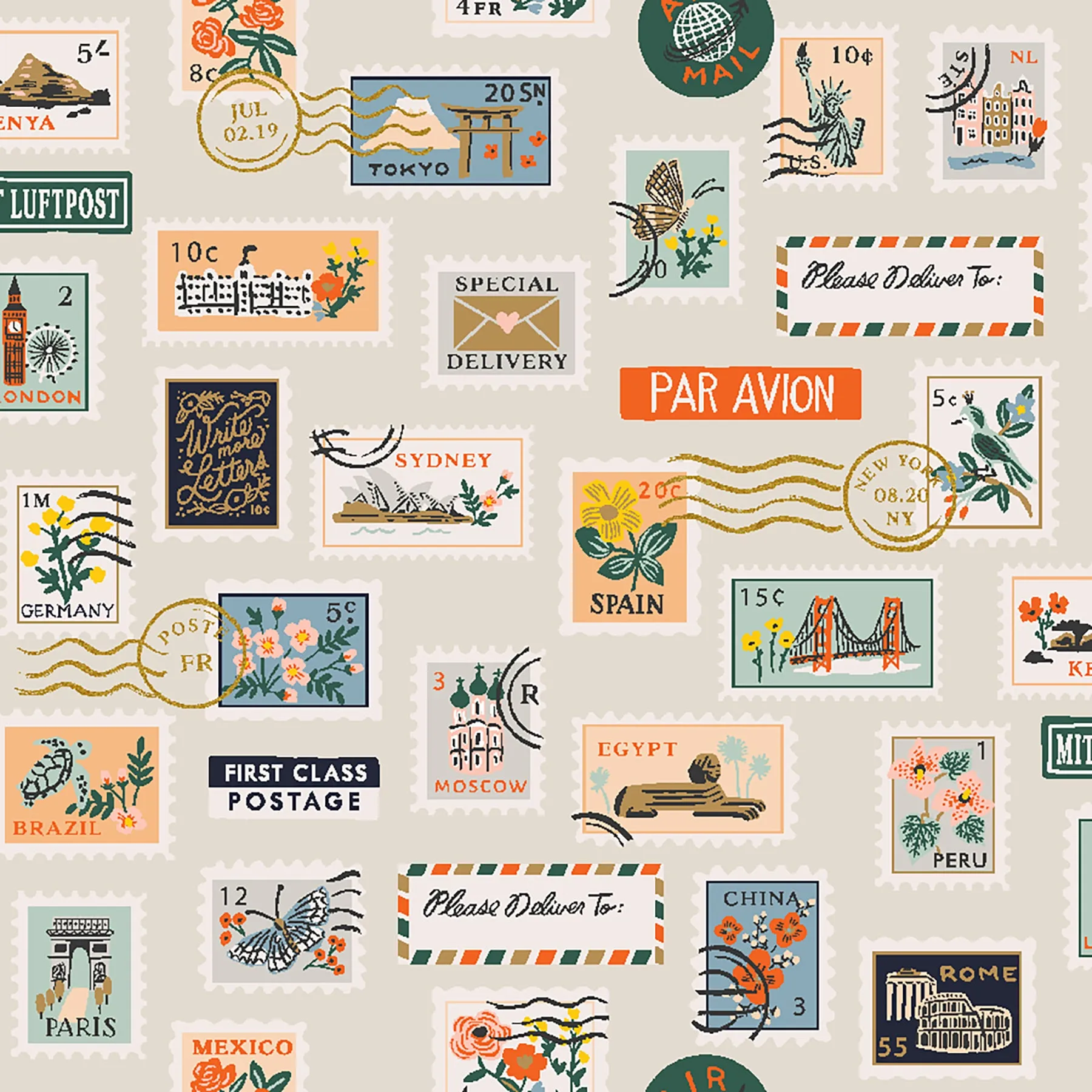 Bon Voyage, Postage Stamps in Flax (with metallic)