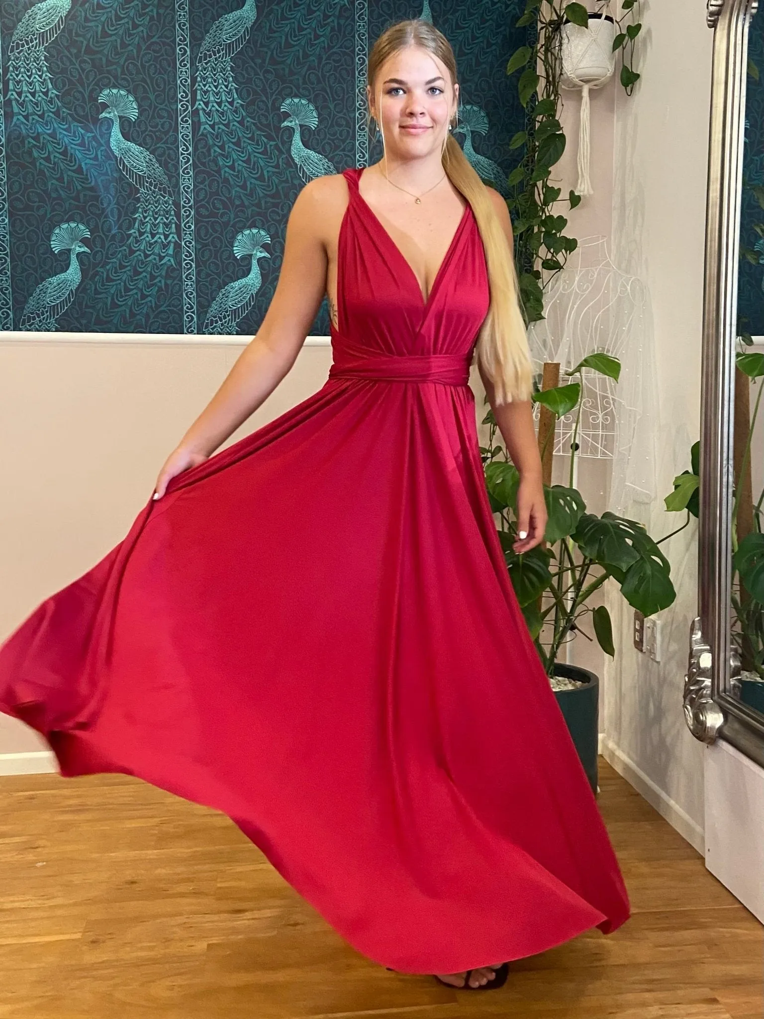 Brick Red Convertible Infinity bridesmaid dress with split Express NZ wide