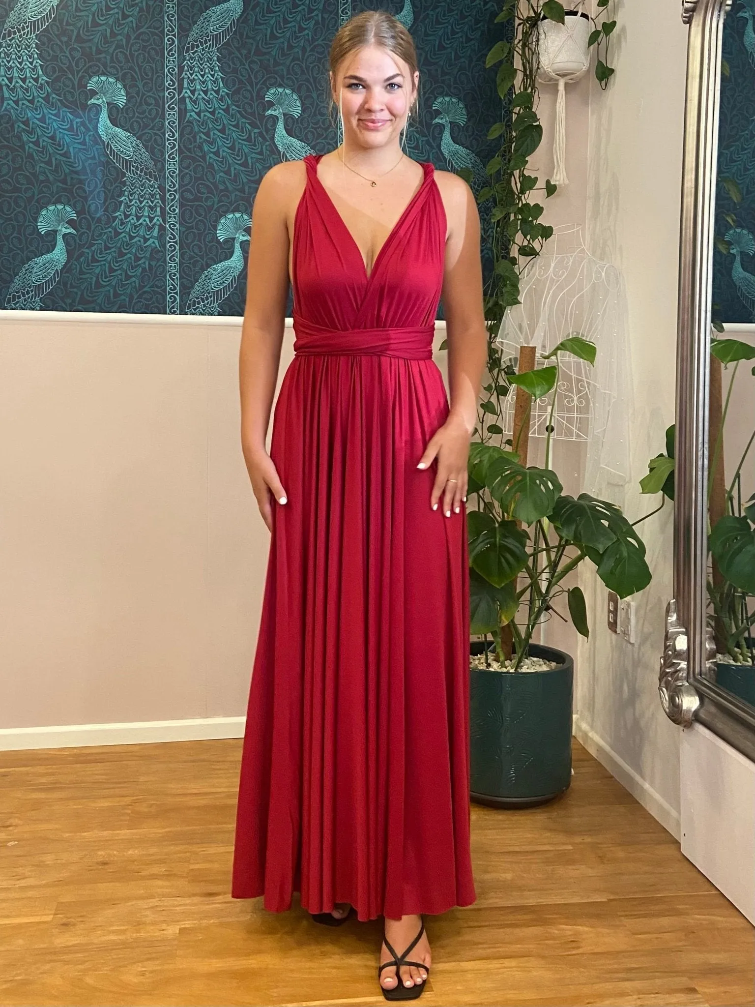 Brick Red Convertible Infinity bridesmaid dress with split Express NZ wide
