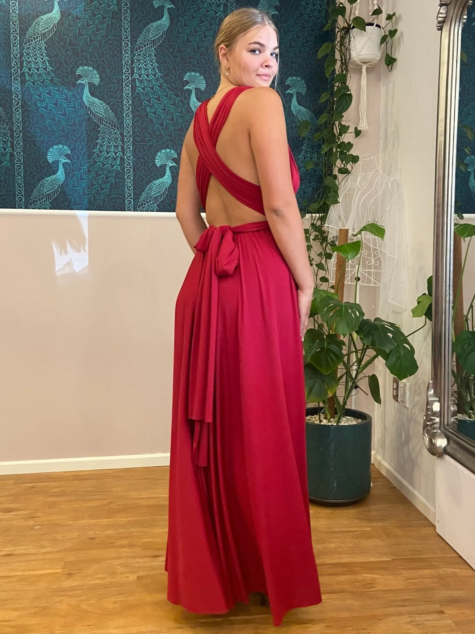 Brick Red Convertible Infinity bridesmaid dress with split Express NZ wide