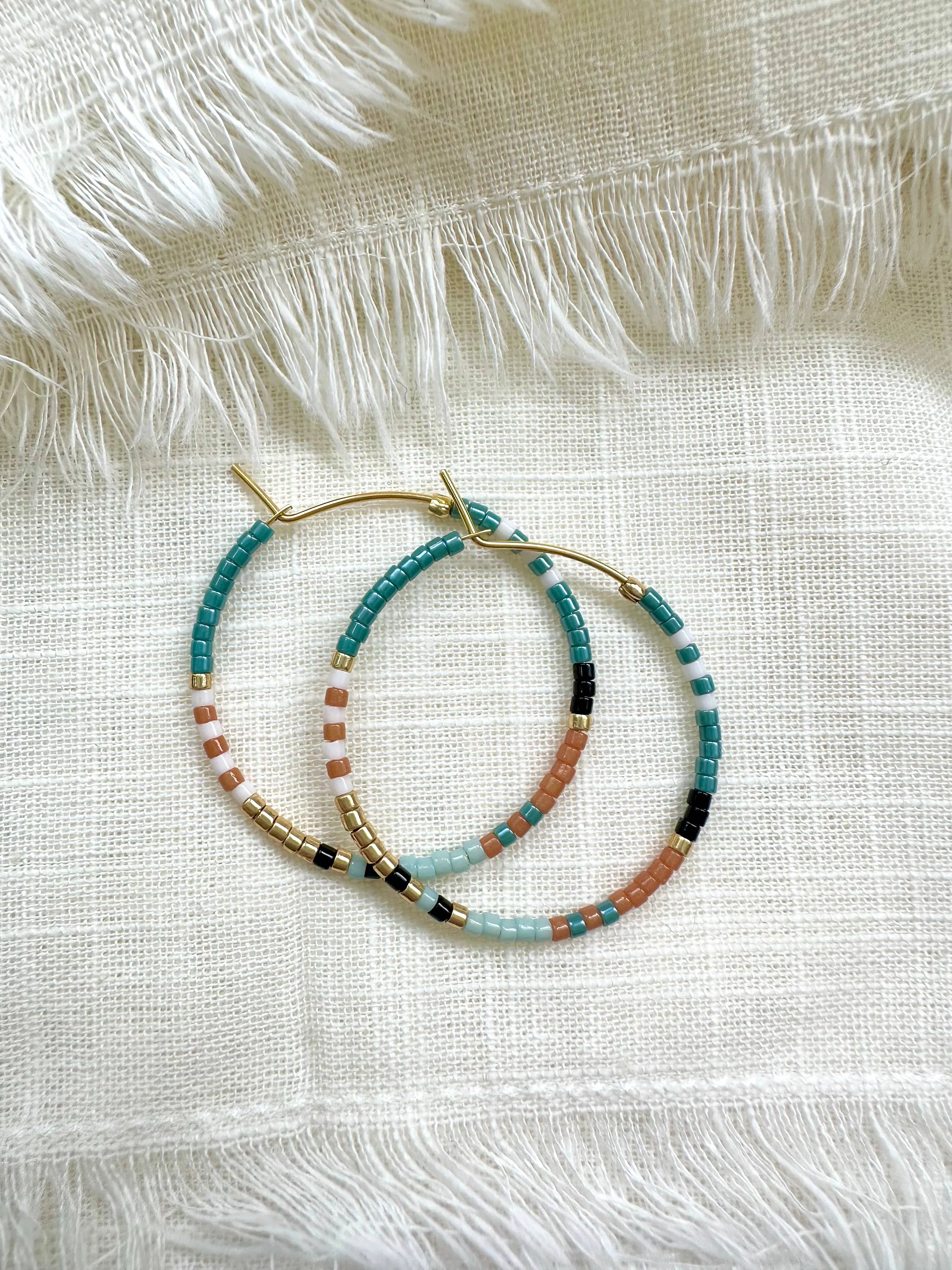 Bright Beaded Gold Hoops Earrings