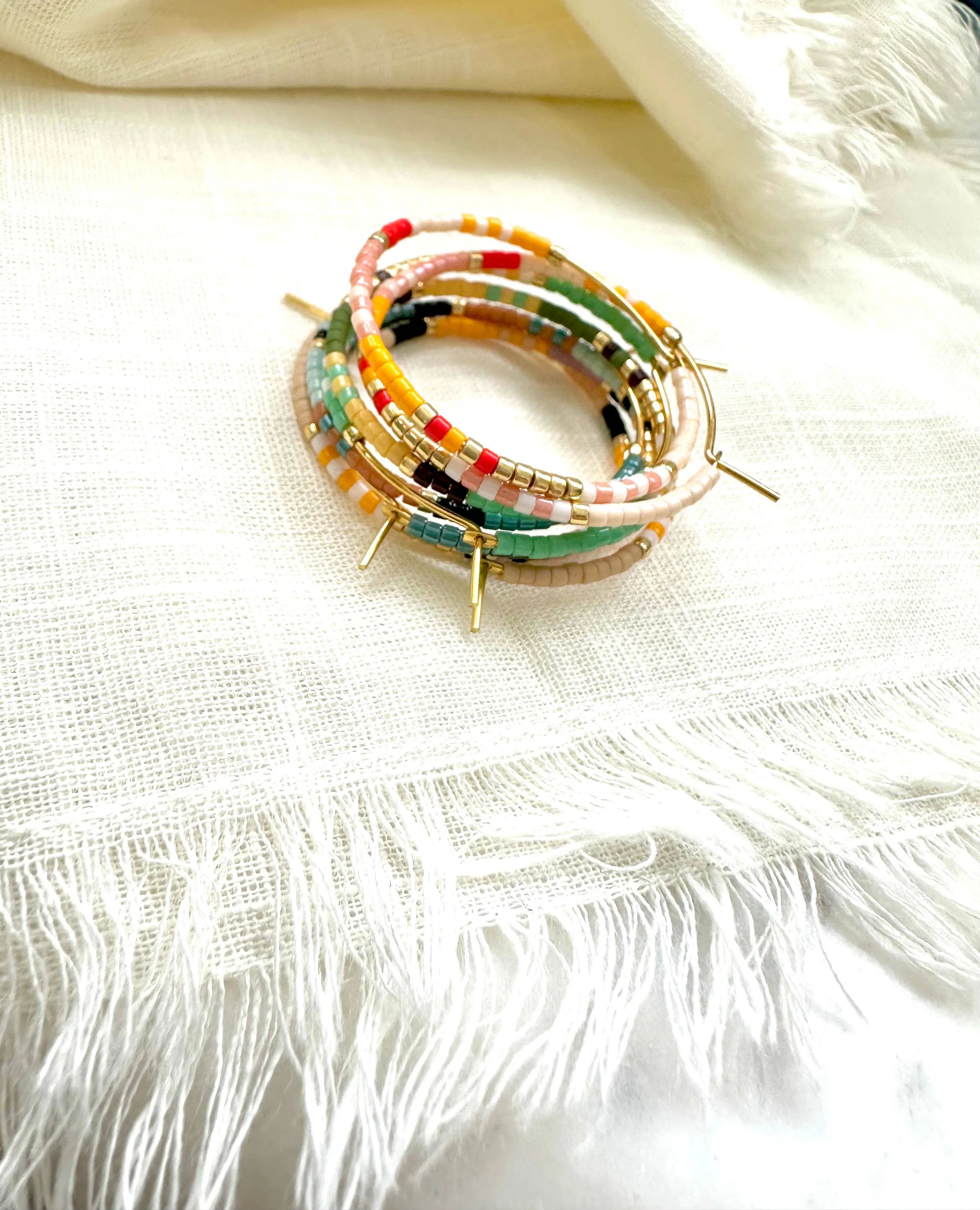 Bright Beaded Gold Hoops Earrings