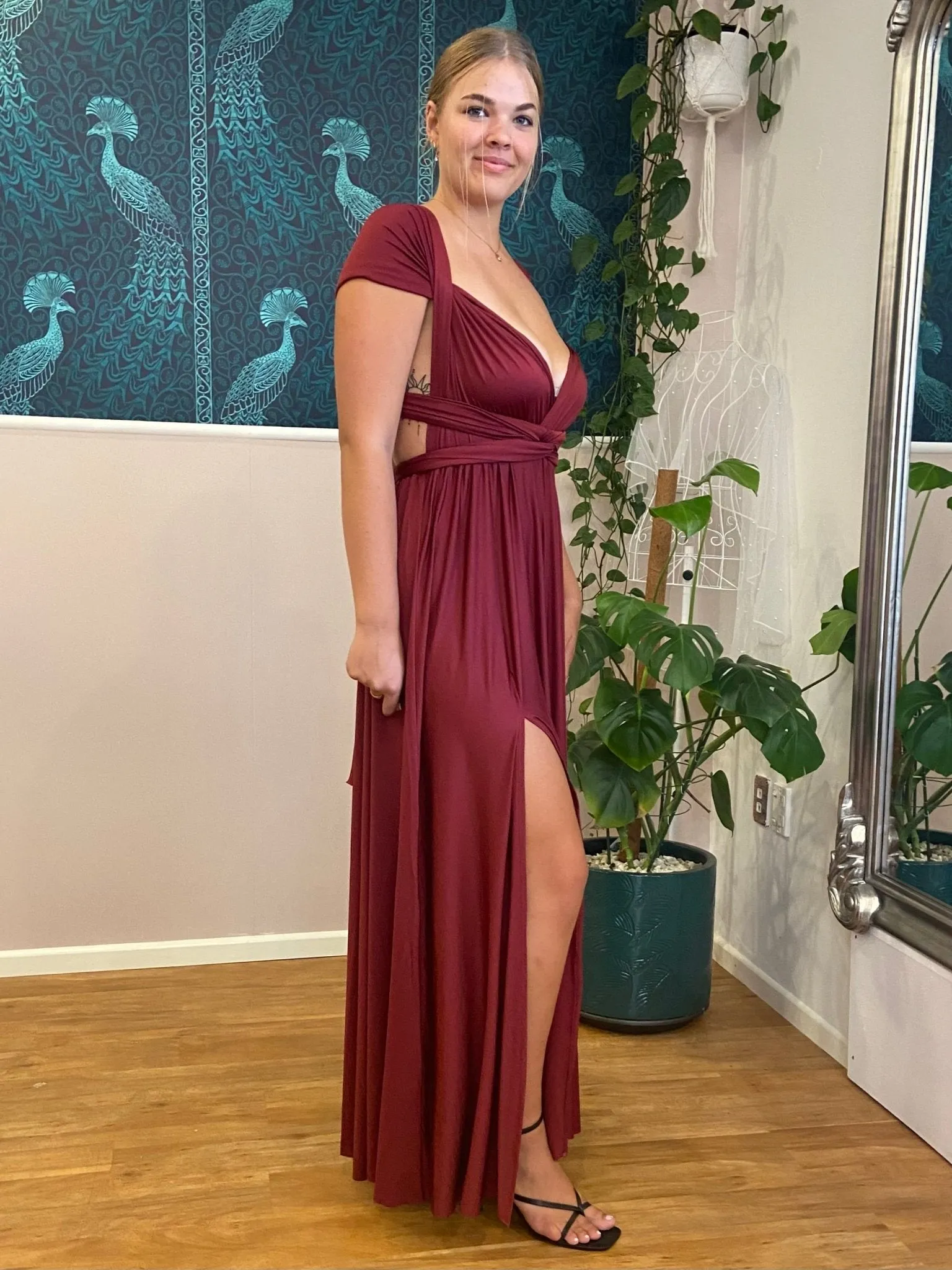 Burgundy Red Convertible Infinity bridesmaid dress with split Express NZ Wide