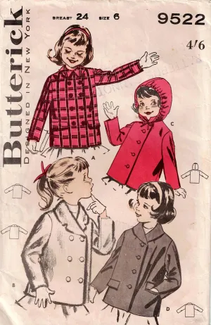 Butterick 9522 Toddler Girls Jacket Coat & Hoodie 1960s Vintage Sewing Pattern Size 6