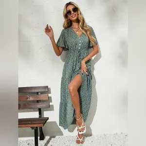 Button v neck tiered floral maxi dress green