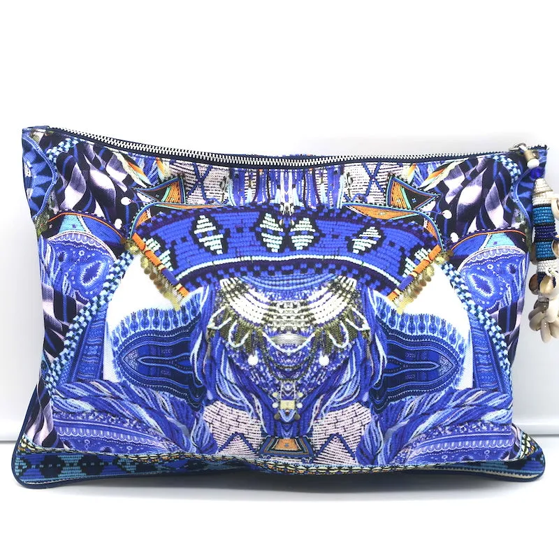 Camilla Large Canvas Clutch with Shells Blue Printed