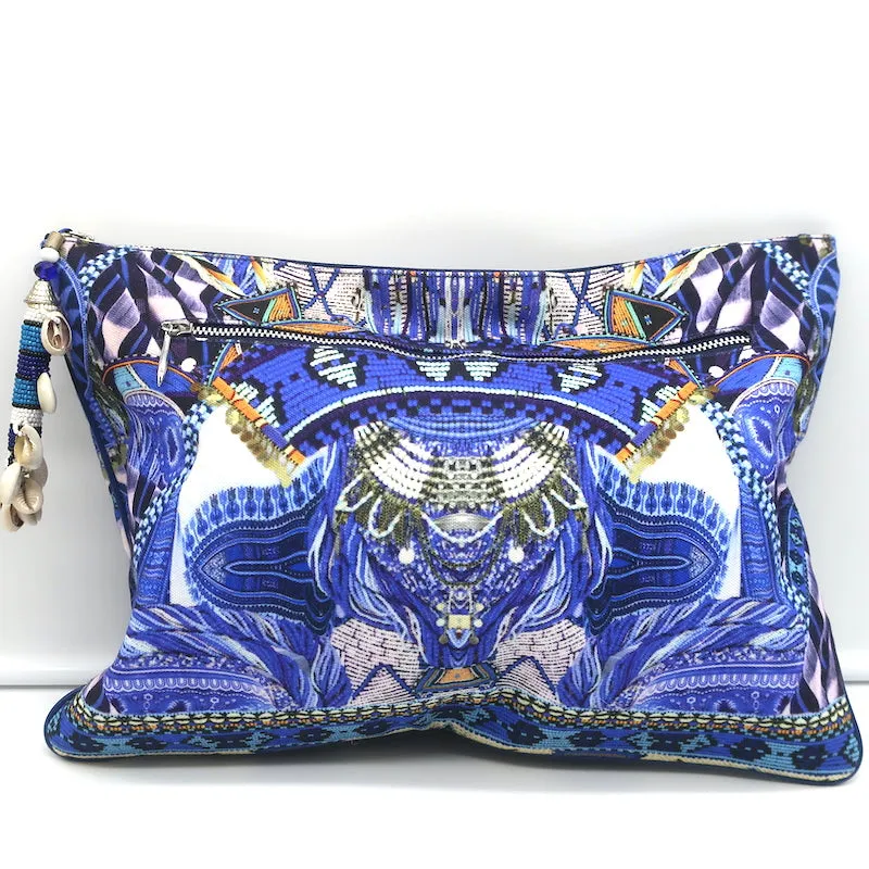 Camilla Large Canvas Clutch with Shells Blue Printed