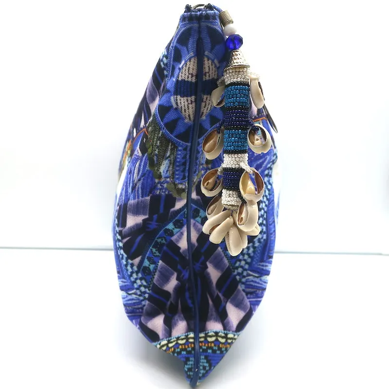 Camilla Large Canvas Clutch with Shells Blue Printed