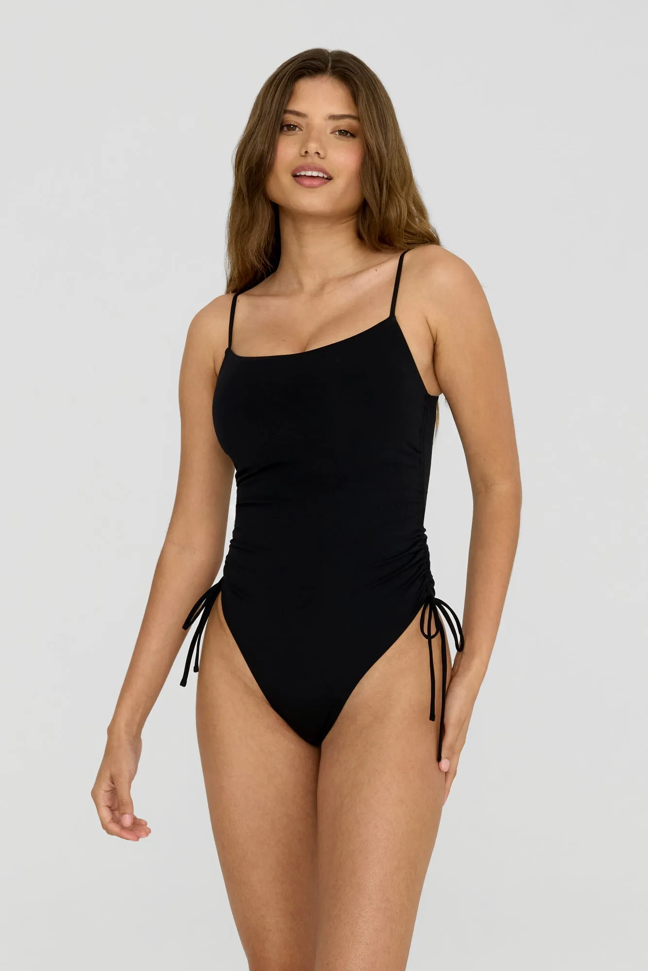 CASSIA RUCHED ADJUSTABLE TIE SIDE SHAPING SWIMSUIT - SHADOW BLACK